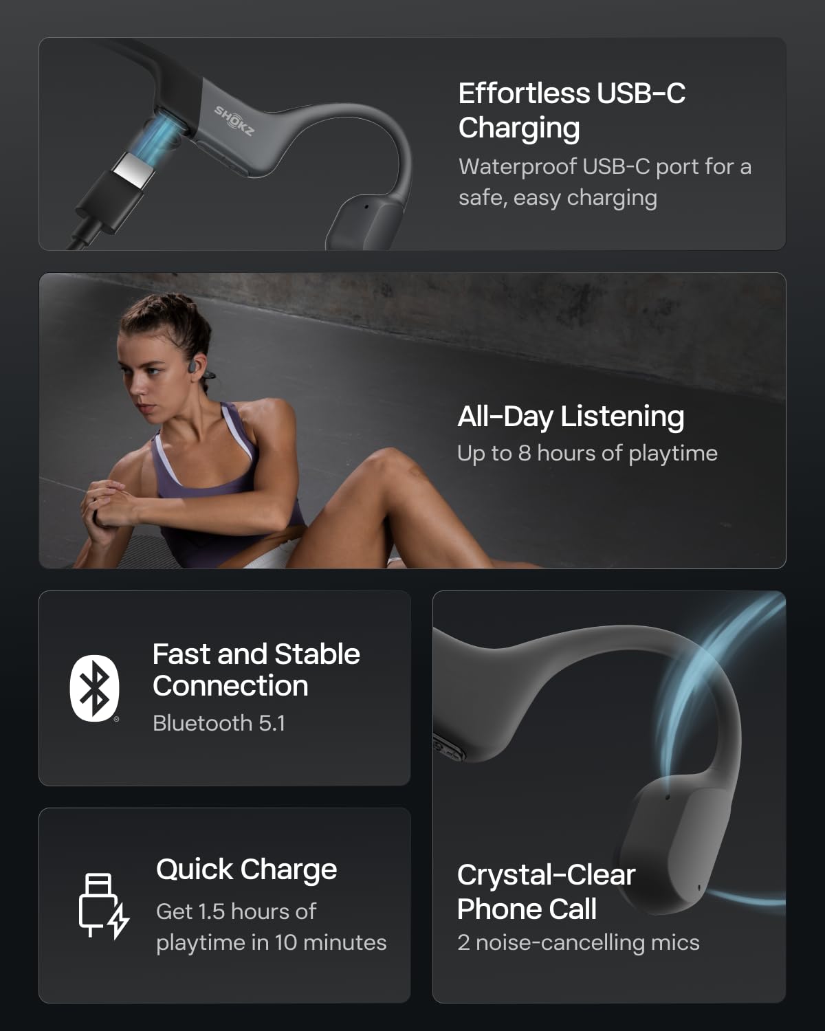 SHOKZ OpenRun Auriculares conducción ósea, audífinos Deportivos inalámbricos de oído Abierto con Bluetooth y micrófono, Open-Ear, Resistentes al Agua IP67 para Correr, USB-C, Negro