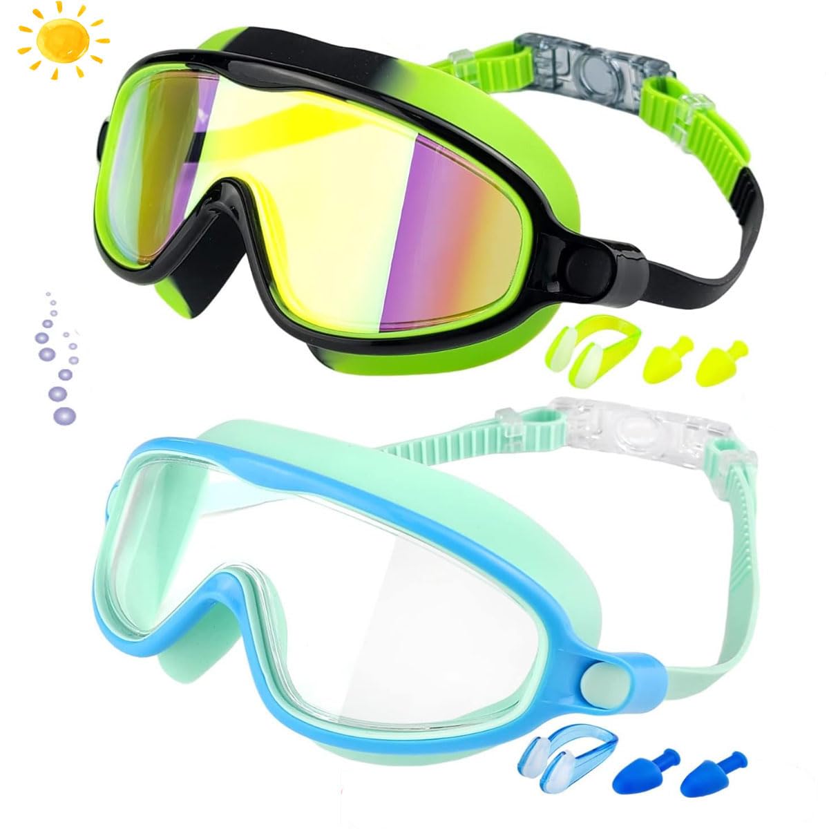 Gafas de Natación para Niños,2 Pcs Anteojos de Natación para Niños con Tapón La Oídos y Clip para La Nariz,Swim Goggles Ajustable de Silicona,Protección UV,Sin Fugas,Antivaho Anteojos de Natación