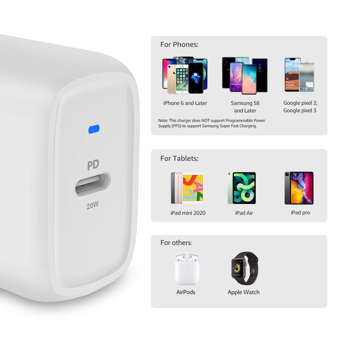 Amazon Basics - Cargador de Pared USB-C de un Puerto de 20 W con PD de Entrega de energía para Tablets y teléfonos, no PPS, 4.6 x 4.4 x 2.8 cm, Blanco