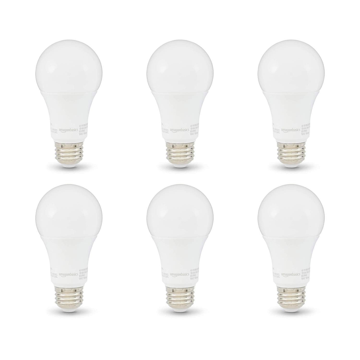 Amazon Basics - Focos LED A19 equivalentes a 100 W, blanco suave (2700 K), eficiencia energética 15 W, no regulable, vida útil de 10,000 horas, 6 unidades (paquete de 1)