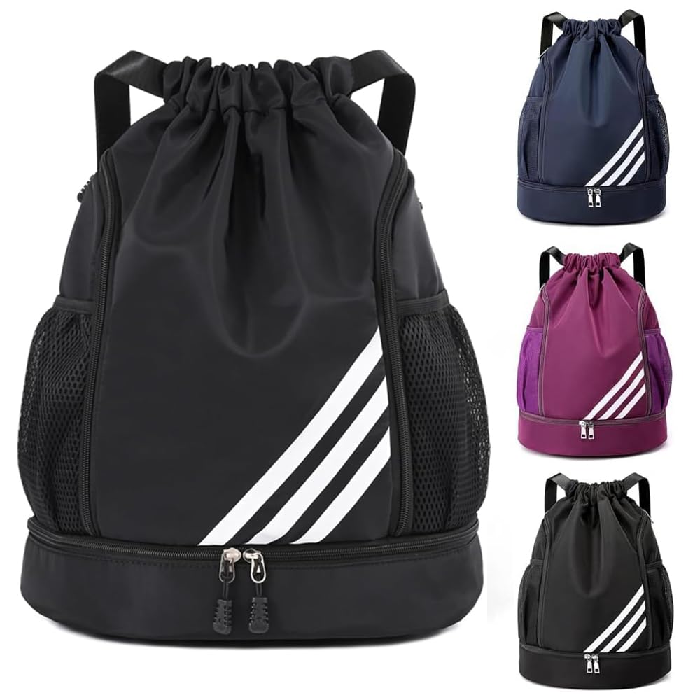 Mochila Deportiva con Cordón,Mochila de Cordón, Mochilas de Cuerdas con Compartimento de Zapatos y Bolsa de cuerdas Impermeable Morral Deportivo para Mujer Hombre Adolescente (Negro-)