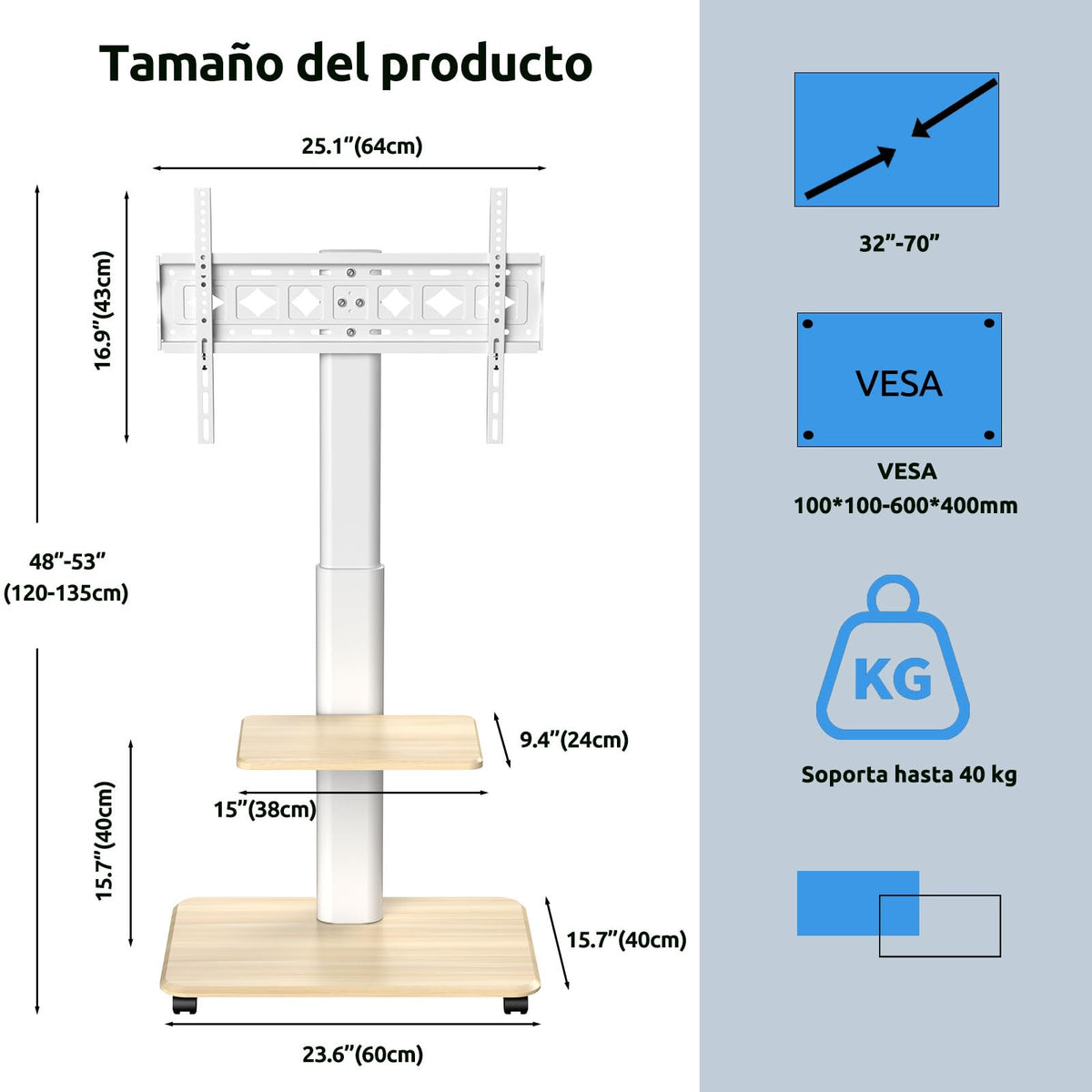 JXMTSPW Soporte para TV con Ruedas Móvil para 32~70 Pulgadas,Soporta hasta 40 KG, MAX VESA 600x400mm,Base para Pantalla Movil Ajustable en Altura Suelo con Bandeja,Carro TV Portátil