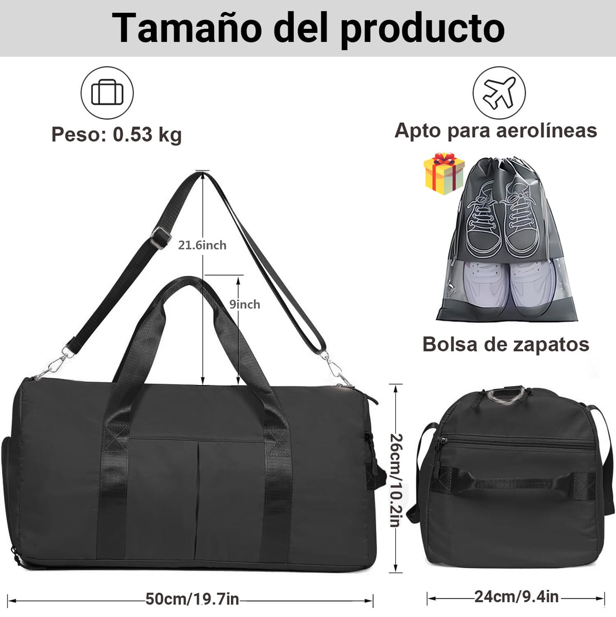 Dry Wet Bolsa de gimnasio deportiva con bolsillo separado, bolsa de lona con compartimento para zapatos, bolsa de viaje, entrenamiento, natación, yoga para mujeres y hombres (negro)