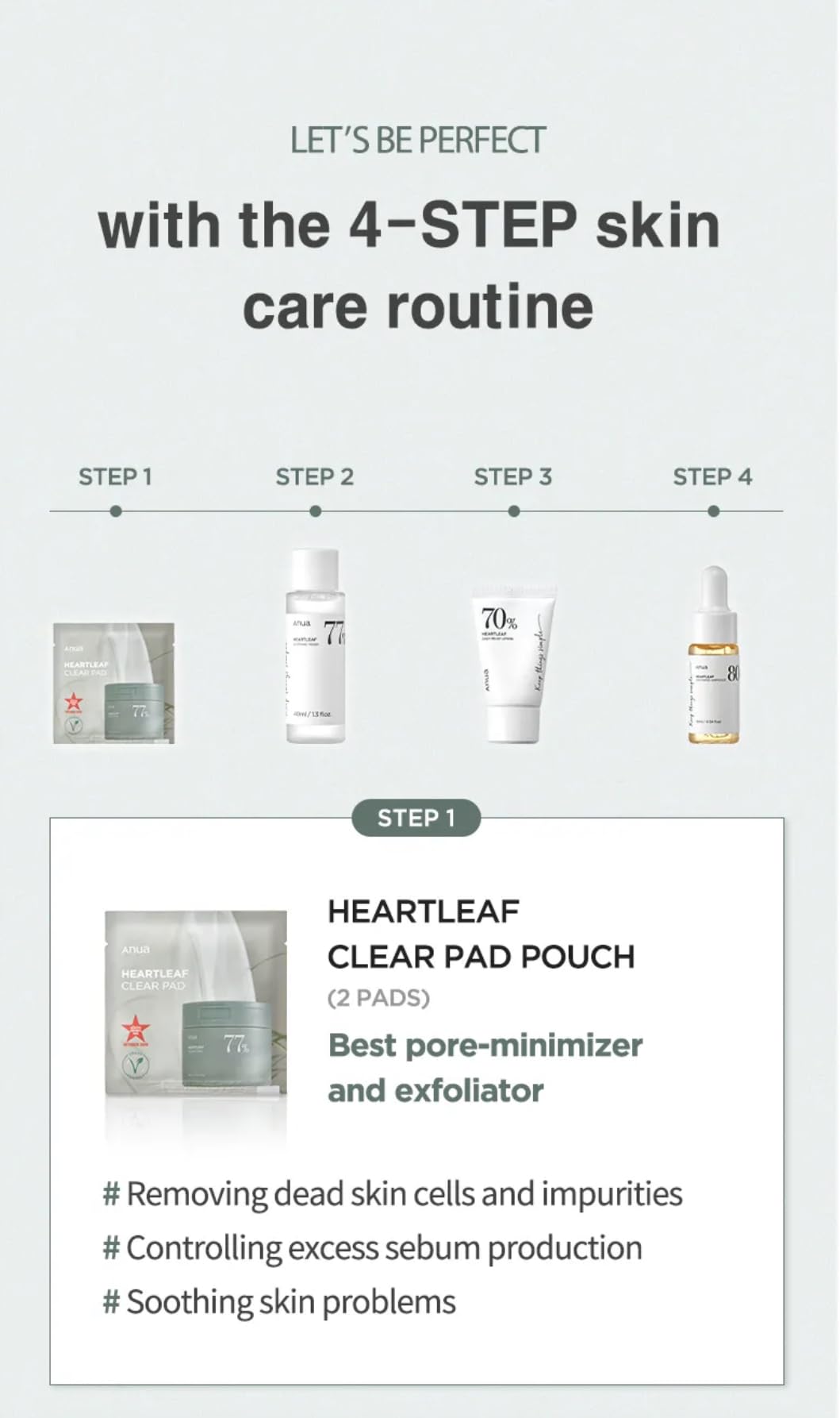 ANUA- Kit coreano de prueba de suavizado Heartleaf | tamaño de viaje, set de regalo con almohadilla transparente Heartleaf 77, Heartleaf7