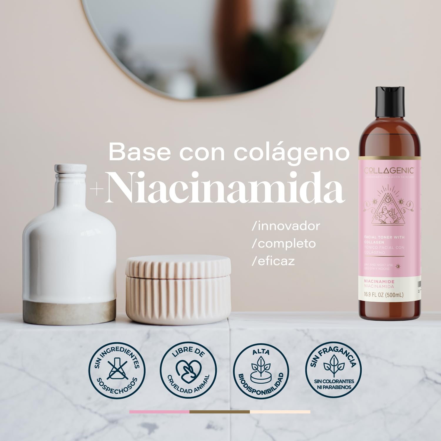 Tonico Facial 500 ml Niacinamida, Colageno Hidrolizado - Collagenic Tónico Facial Hidratante Limpiador de Poros sustituto de agua micelar para el rostro y contorno de ojos