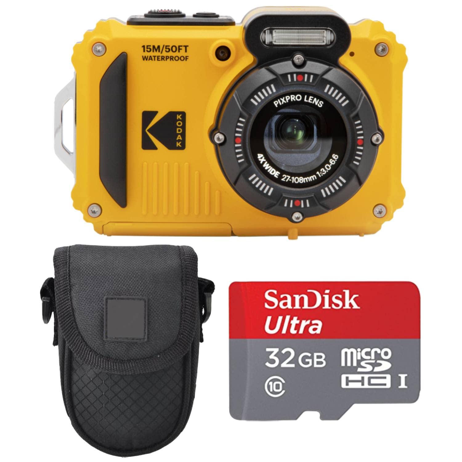 Kodak PIXPRO WPZ2 - Cámara digital resistente y a prueba de agua con estuche negro Point & Shoot + tarjeta microSDHC de 32GB (amarillo) Paquete (3 artículos)