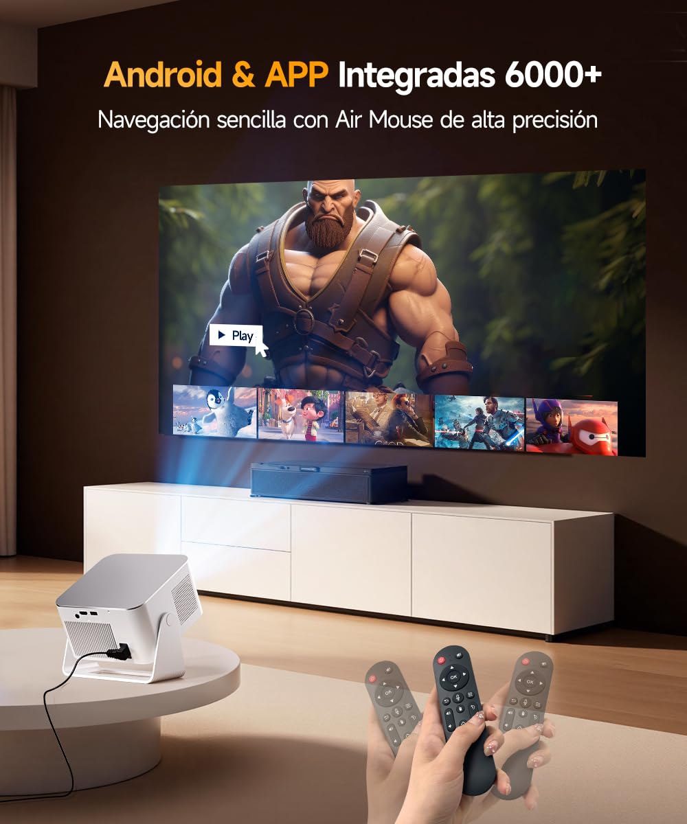 [App Integrada] Mini Proyector 4K & 8K Soporte 1080P Nativo, Proyector Portátil con Android 14 WiFi 6 BT 5.4, 600ANSI, Enfoque Automático, 6D Corrección Automática de Trapecio, Rotación 180°, HY350MAX