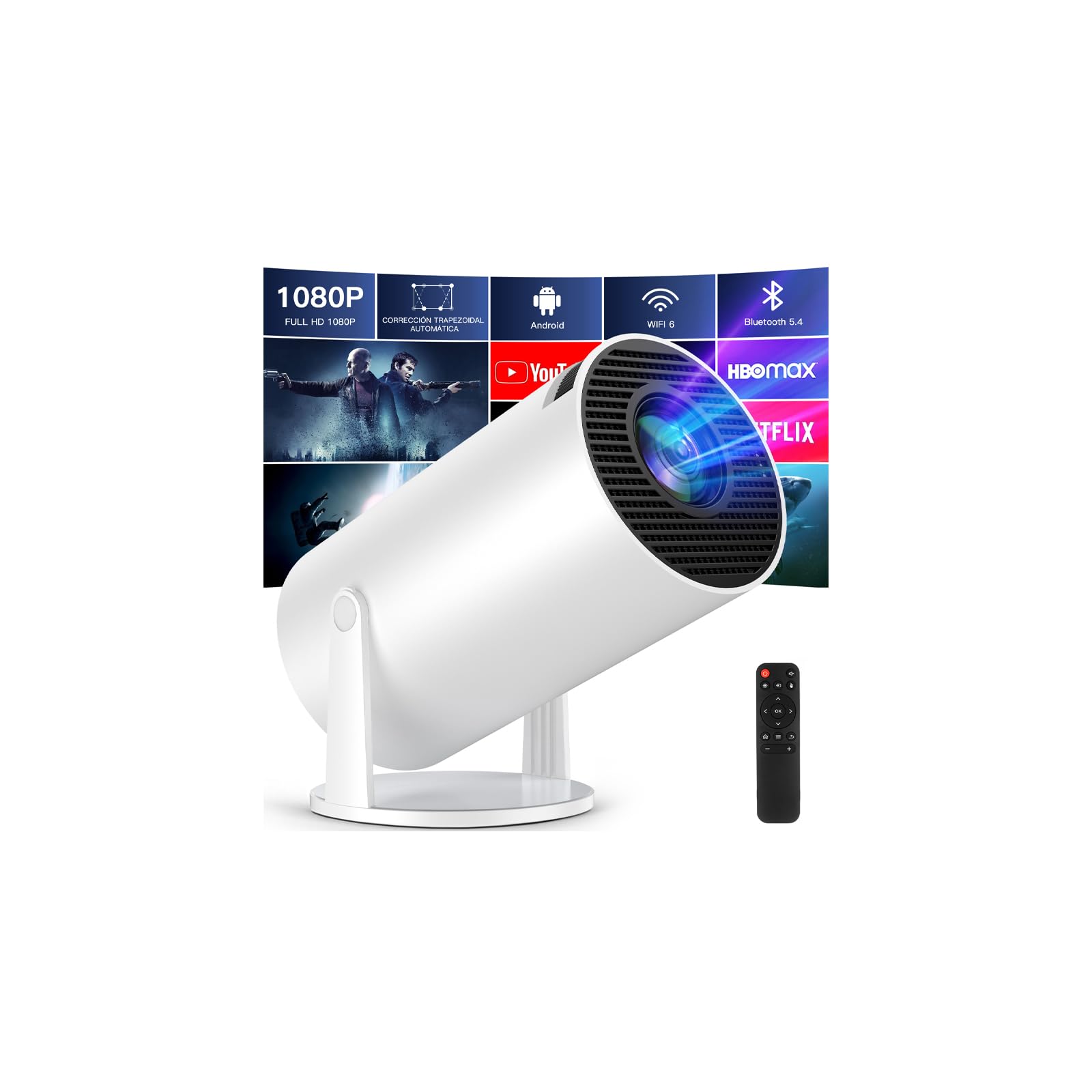Proyector 4k, Mini Proyector Portatil con Android, Proyectores Inteligente 250 ANSI con WiFi 6 y BT 5.4, Auto Keystone, Pantalla de 200", Giro de 270°, Compatible con HDMI/iOS/Phone/PC/PS【HY300 PRO】