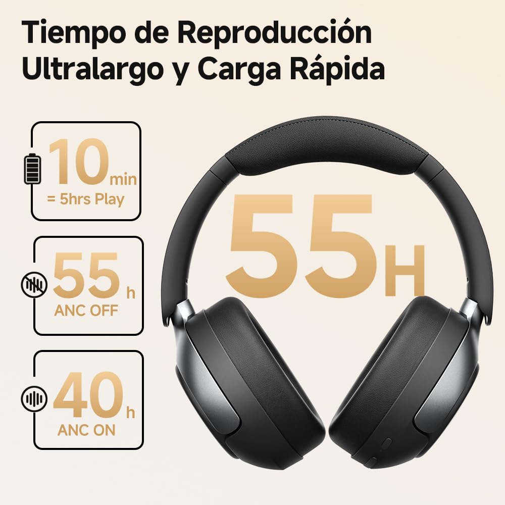 QCY H3 Pro Audífonos Inalámbricos Bluetooth 5.4, Híbridos Cancelación Ruido Activa hasta 99.6%, LDCA Hi-Res Audio, Diadema Plegables Auriculares Over-Ear con Microfono, Carga Rápida de 10 Minutos