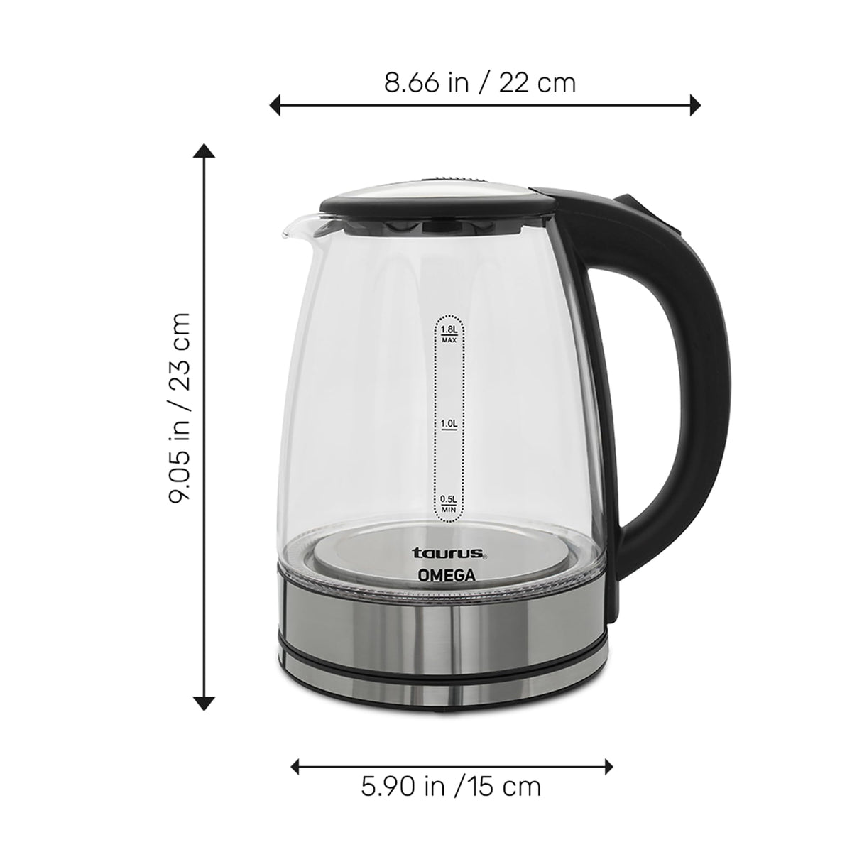 TAURUS OMEGA | Tetera eléctrica de cristal con luz led | Hervidor de agua eléctrico | Electrodomésticos | Jarra inalámbrica |1,8 litros | 65 onzas | Base Removible