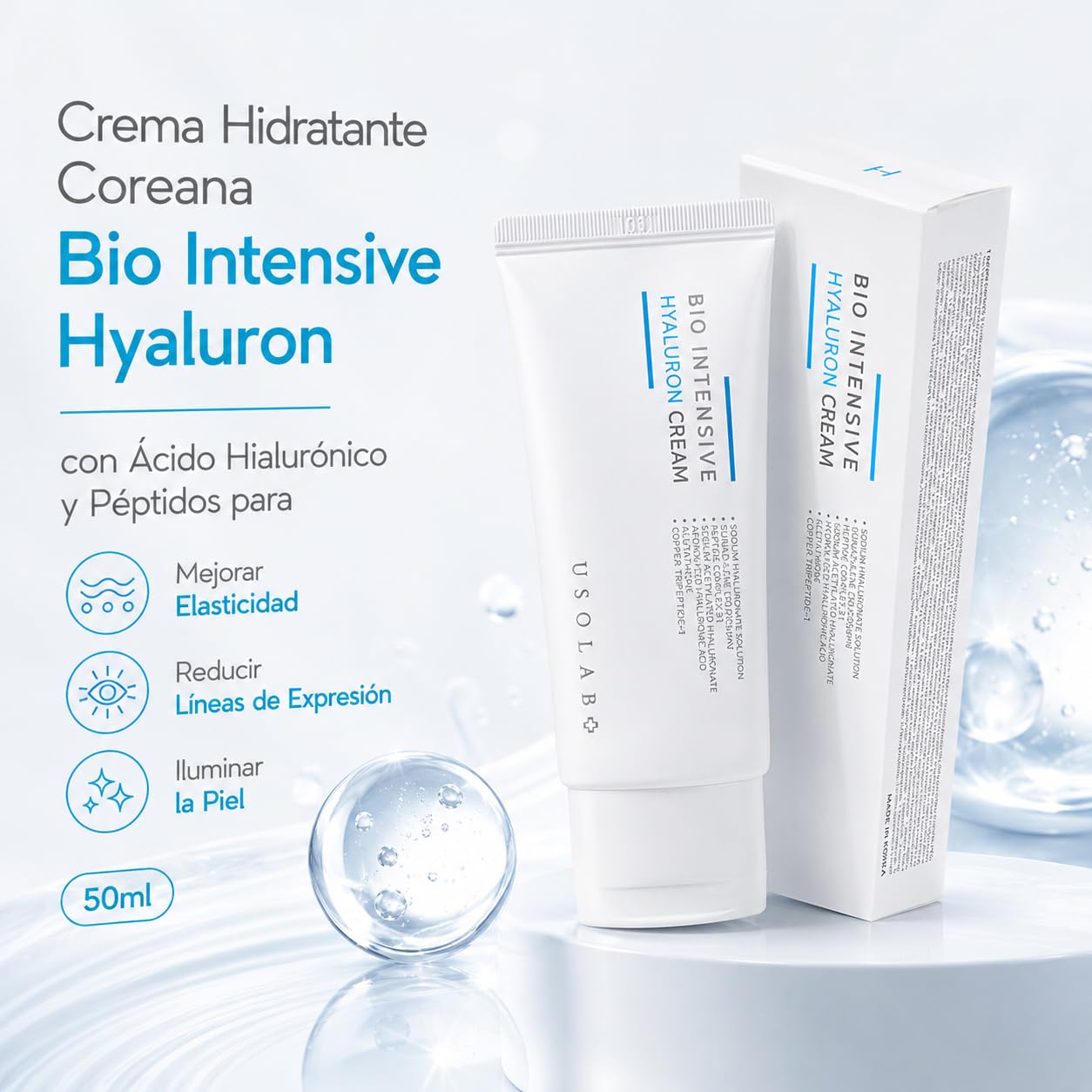 USOLAB Crema Hidratante Coreana Bio Intensive Hyaluron con Ácido Hialurónico y Péptidos para Mejorar Elasticidad, Reducir Líneas de Expresión y Iluminar la Piel 50ml
