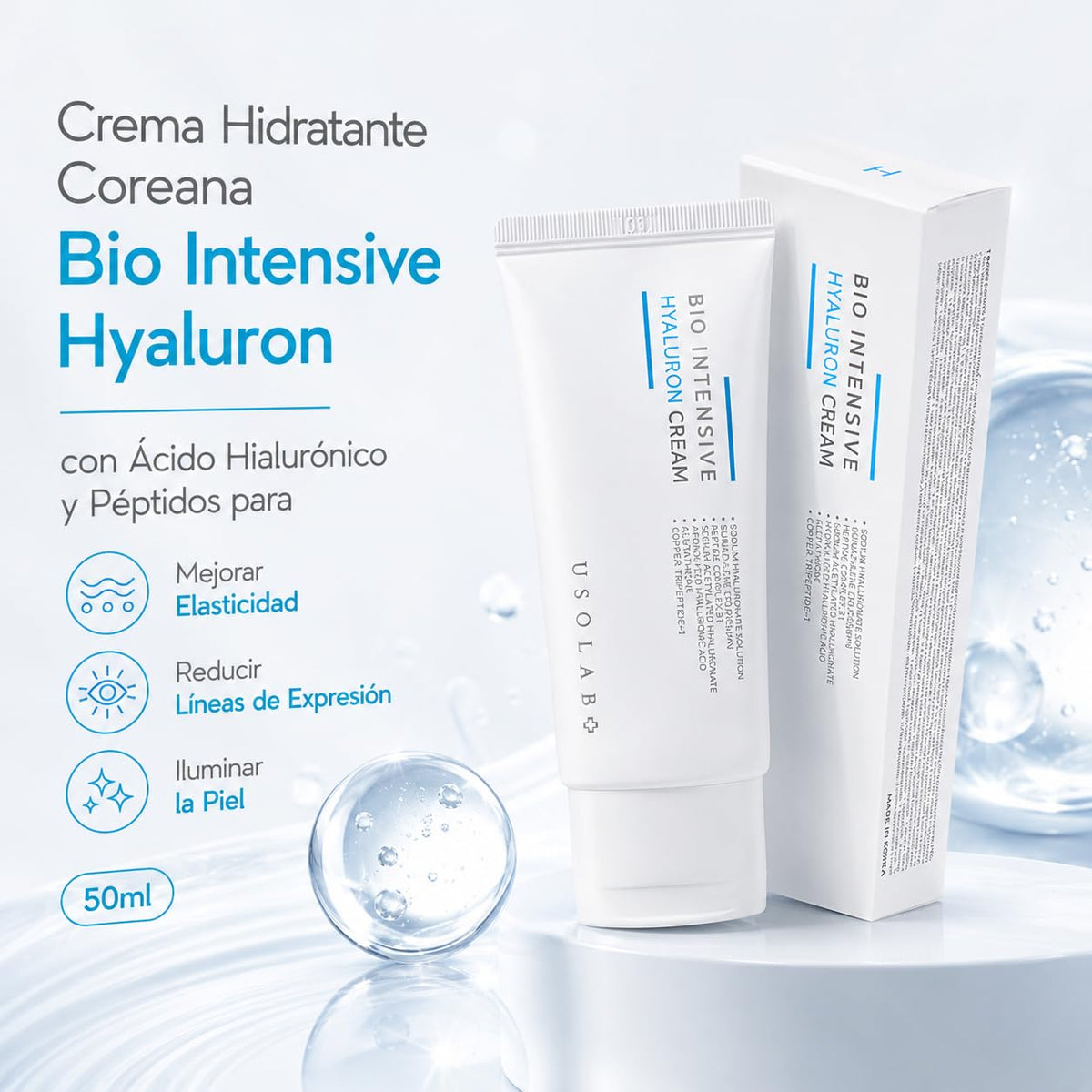 USOLAB Crema Hidratante Coreana Bio Intensive Hyaluron con Ácido Hialurónico y Péptidos para Mejorar Elasticidad, Reducir Líneas de Expresión y Iluminar la Piel 50ml