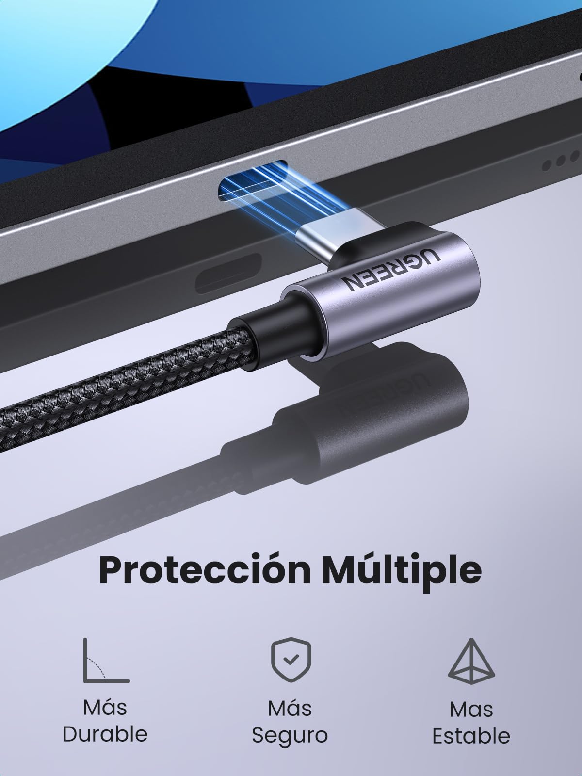 UGREEN Cable USB C a C 90 Grados, 2M 60W PD Carga Rápida 20V 3A Compatible con iPhone 16 15, Galaxy S25 S24 S23, Cargador USB Tipo C Nylon Trenzado, Macbook Pro, iPad Pro 2024, Air 7 6 5