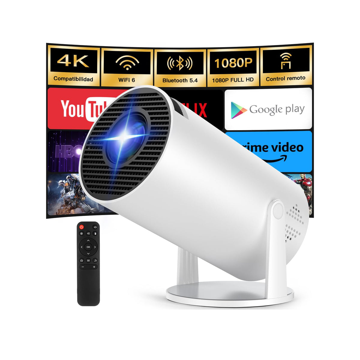 Proyector 4k, Mini Proyector Portatil con Android, Proyectores Inteligente 250 ANSI con WiFi 6 y BT 5.4, Auto Keystone, Pantalla de 200", Giro de 270°, Compatible con HDMI/iOS/Phone/PC/PS【HY300 PRO】