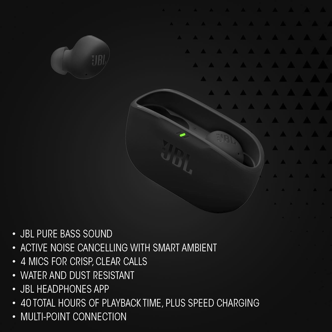JBL Vibe Buds 2, True Wireless NC Buds, Oval Tube, ANC + Smart Ambient, IP54 - Negro