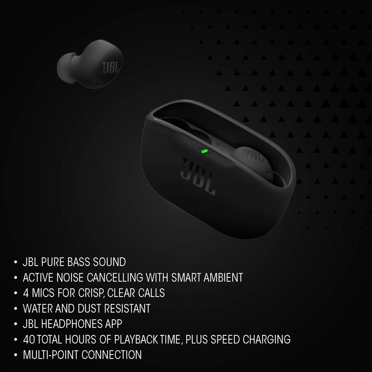 JBL Vibe Buds 2, True Wireless NC Buds, Oval Tube, ANC + Smart Ambient, IP54 - Negro