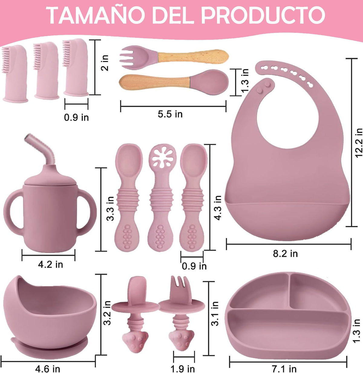 14pzs Vajillas Platos para Bebe Silicona, Set Alimentacion Complementaria Bebe, Plato para Bebe con Ventosas, Baberos Ajustable, Sin BPA, Fácil de Limpiar, Apto para Microondas(Rosado)
