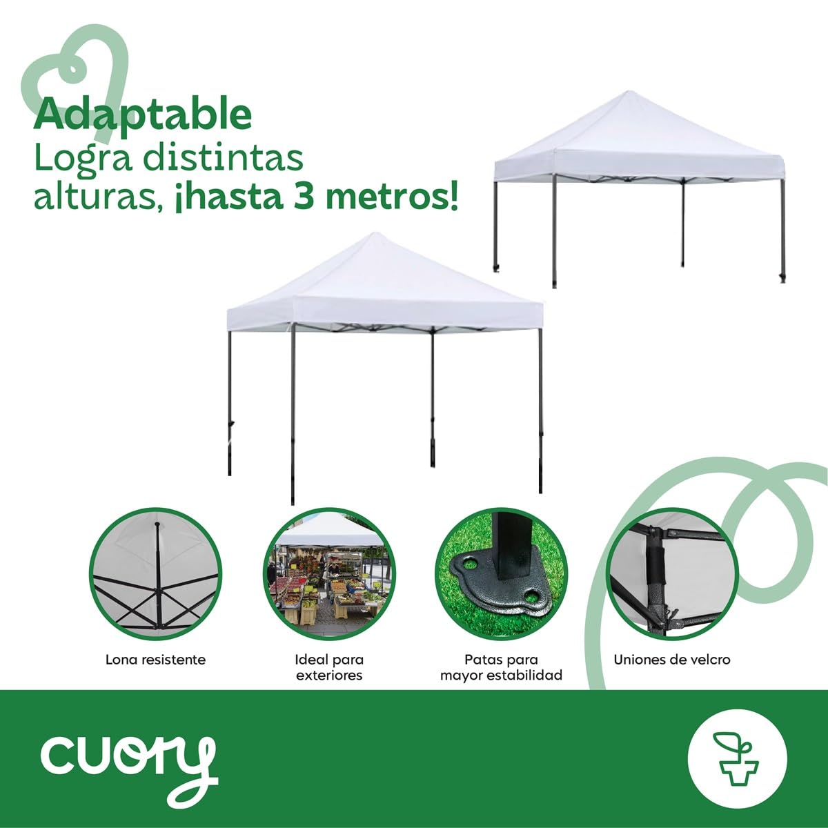 CUORY Carpa Toldo 3x3 Reforzado Plegable | Impermeable Facil Armado Y Transporte | para Jardín Casa Exterior Uso Rudo Acero Lona | Blanco