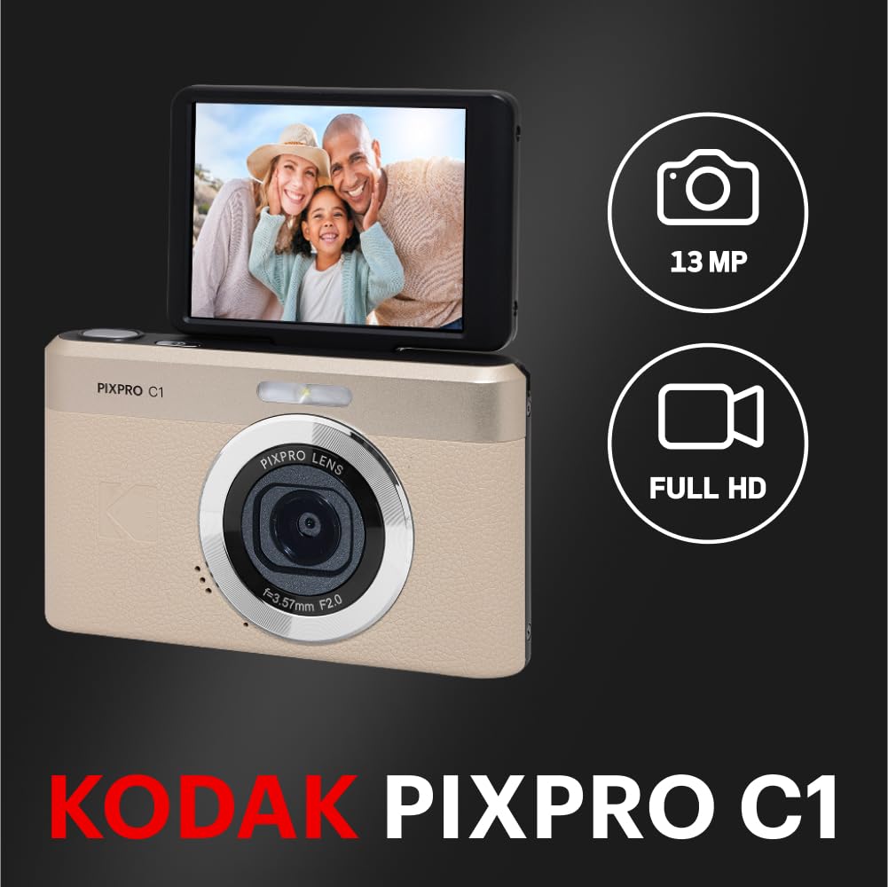 Kodak PIXPRO C1 Cámara Digital con Zoom amigable – 13 MP, Punto Compacto y Disparo con visualización LCD abatible de 2.8 Pulgadas y 180 °, diseño Retro clásico con Zoom 4X y Video Full HD 1080P para