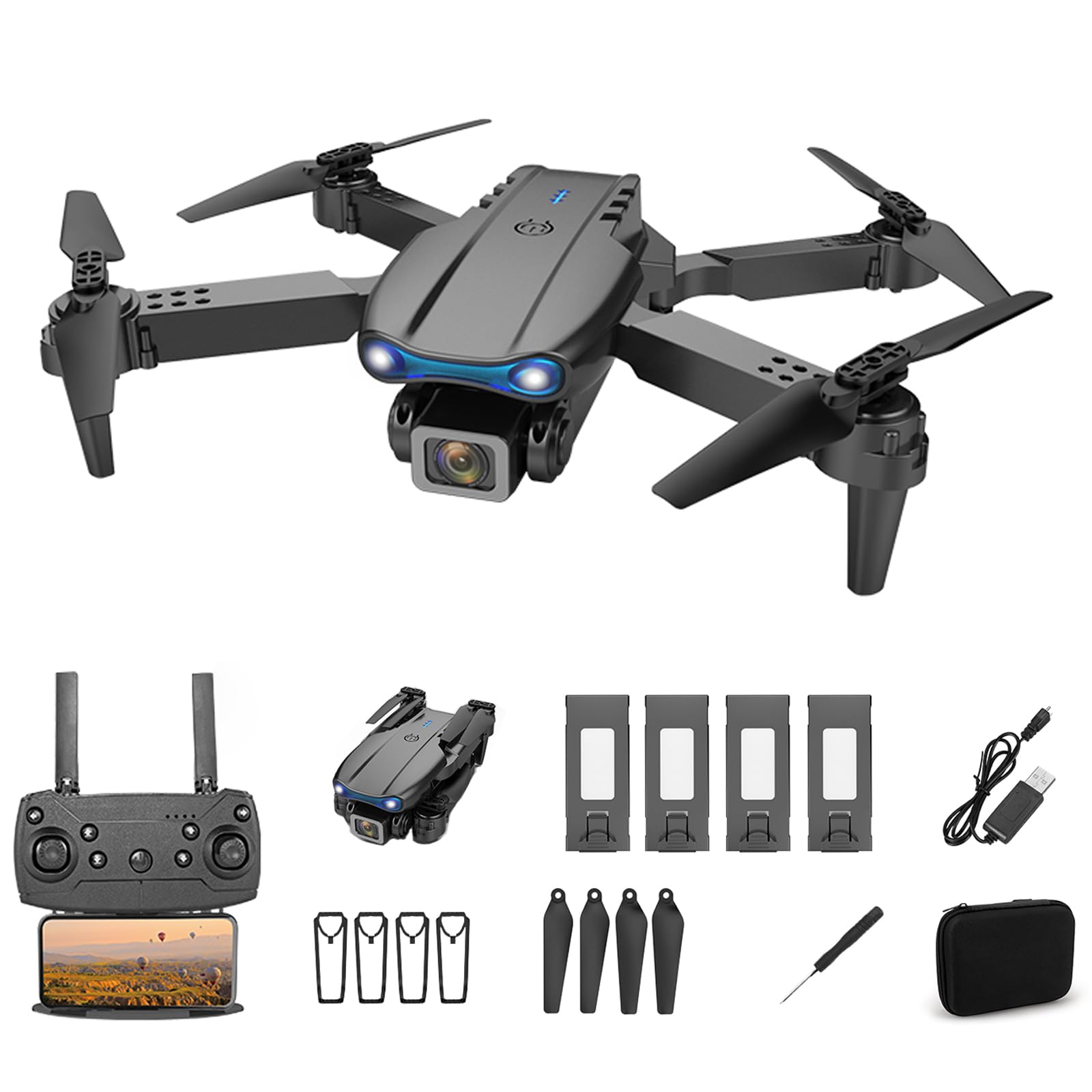 Dron con Cámara Dual, 360° Adjustable Eléctricamente Mini Drone para Principiantes, Drones con Cámara RC FPV WIFI 4k Cuadricóptero, Vuelo por Puntos de Referencia, Auto-Seguimiento, Giro 3D, Inicio con una Tecla, 3 Velocidades, 4 Baterías y Bolsa Portátil