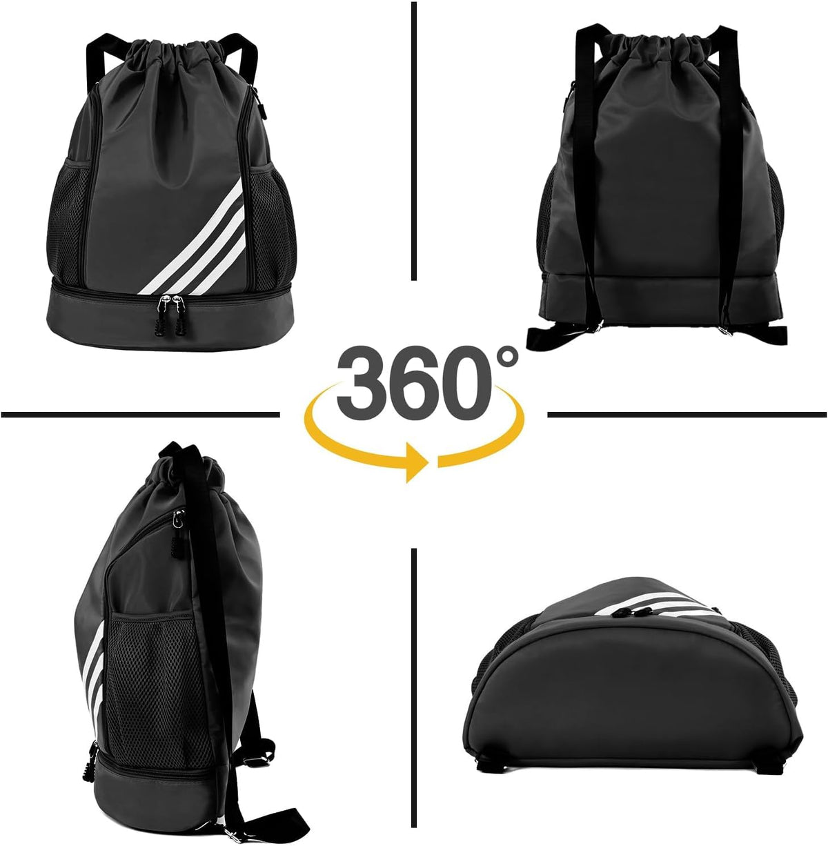 Mochila Deportiva con Cordón,Mochila de Cordón, Mochilas de Cuerdas con Compartimento de Zapatos y Bolsa de cuerdas Impermeable Morral Deportivo para Mujer Hombre Adolescente (Negro-)