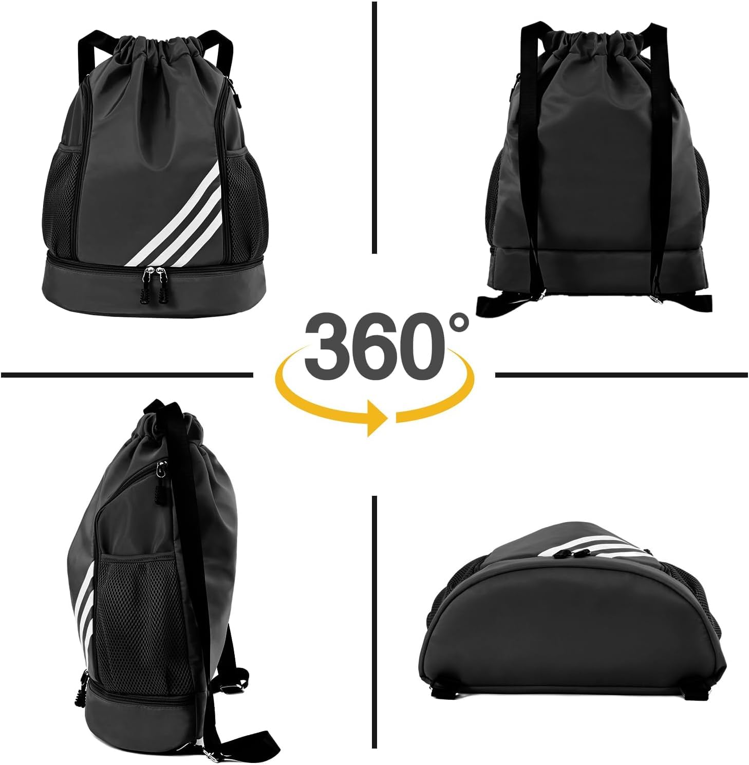 Mochila Deportiva con Cordón,Mochila de Cordón, Mochilas de Cuerdas con Compartimento de Zapatos y Bolsa de cuerdas Impermeable Morral Deportivo para Mujer Hombre Adolescente (Negro-)