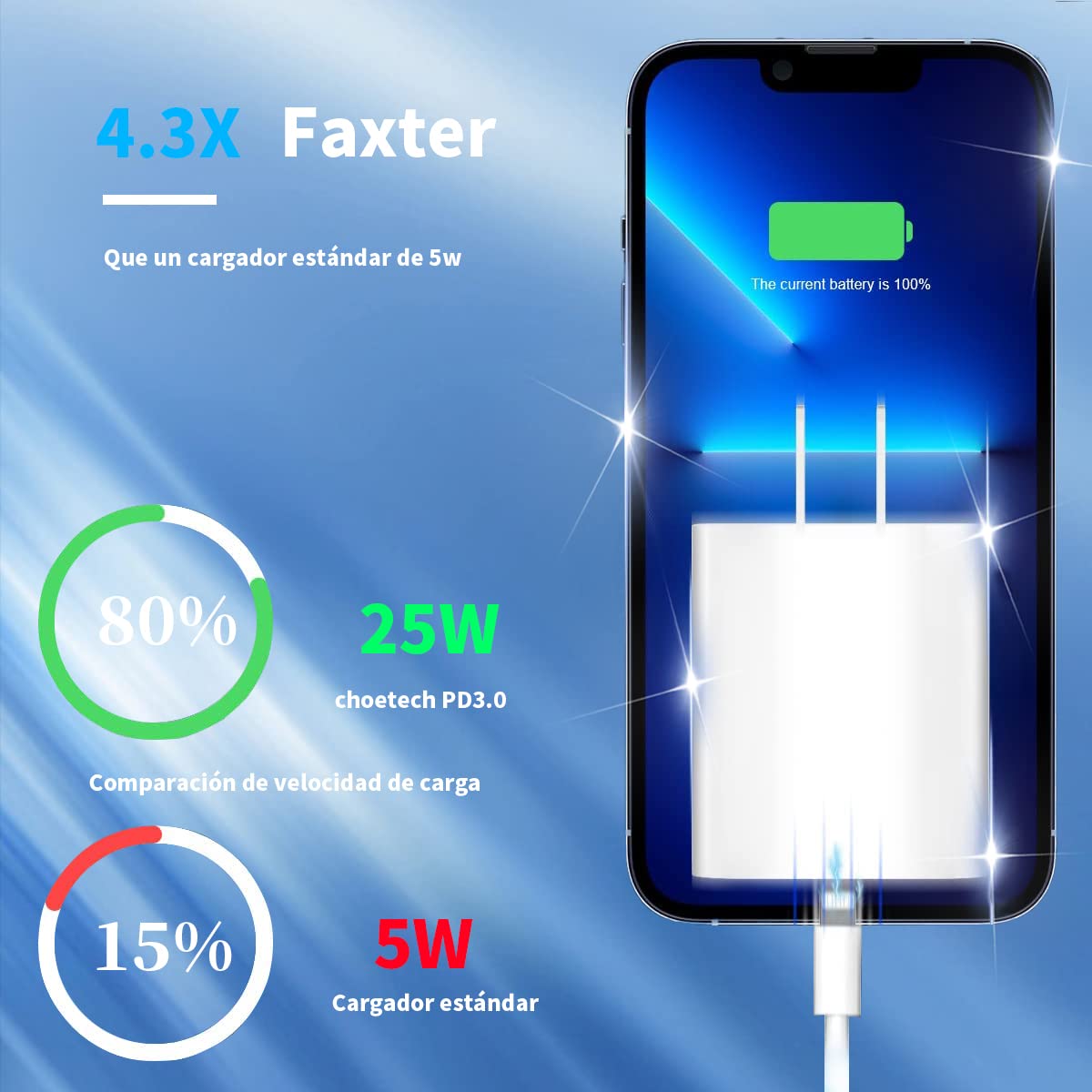 RENDIN 25W Cargador Carga Rápida para iPhone - Cargador Tipo C con 1M Cable Compatible con iPhone 14/13/12/11/X/iPad