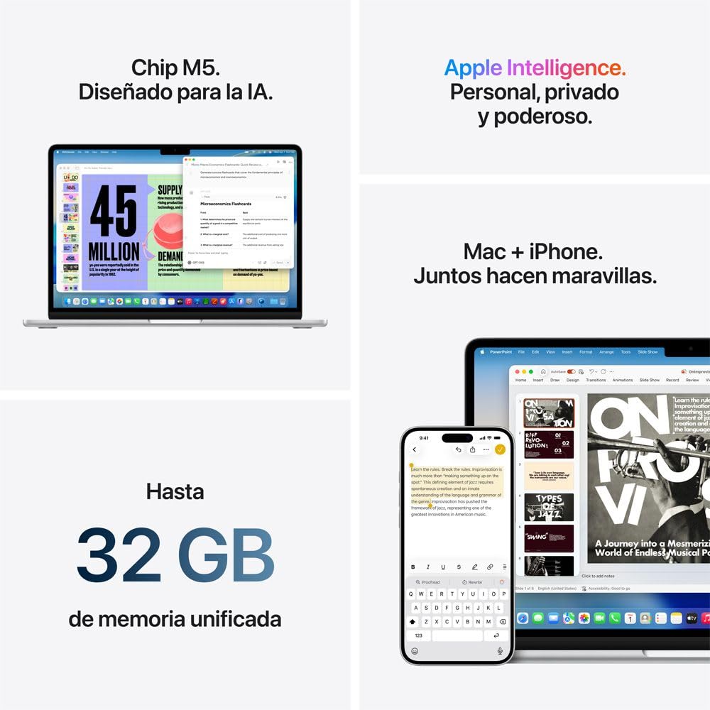 Apple 2026 MacBook Air (de 13 Pulgadas, Chip M5 de Apple con CPU de 10 núcleos y GPU de 8 núcleos, 16GB Memoria unificada, 512 GB) - Azul Cielo