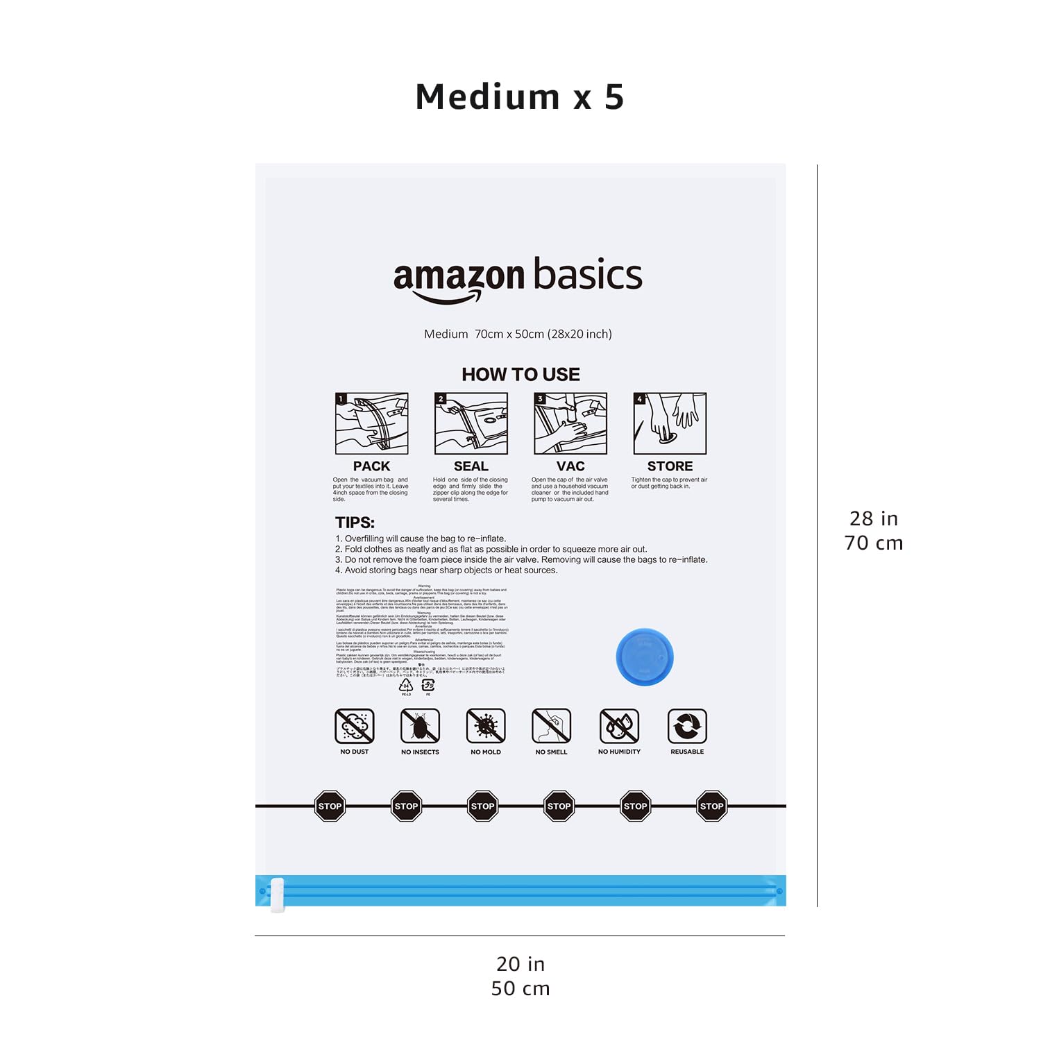 Amazon Basics - Bolsas de almacenamiento de compresión al vacío con bomba de mano, tamaño mediano, paquete de 5