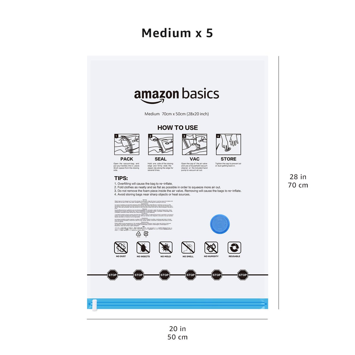 Amazon Basics - Bolsas de almacenamiento de compresión al vacío con bomba de mano, tamaño mediano, paquete de 5