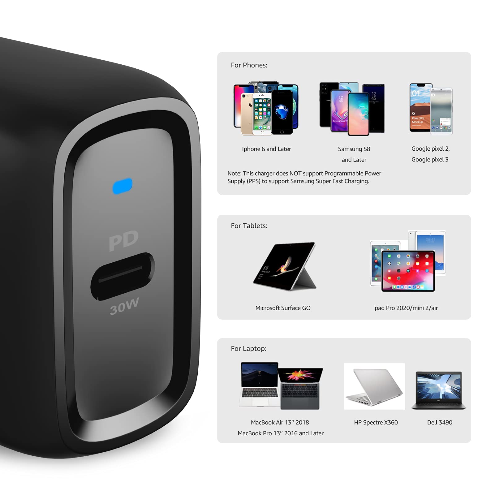 Amazon Basics Cargador de Pared GAN USB-C de 30 W con PD para Tablets y teléfonos (iPhone 16/15/14/13/12/11/X, iPad, Samsung, y más), sin PPS, Negro