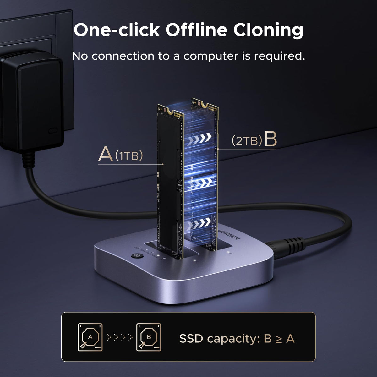 UGREEN Clonador de 20 Gbps, M.2 duplicador de doble bahía NVMe, adaptador USB3.2 Gen 2X2 a USB sin herramientas M.2 estación de acoplamiento para lector M Key PCIE NVMe SSD compatible con clon sin
