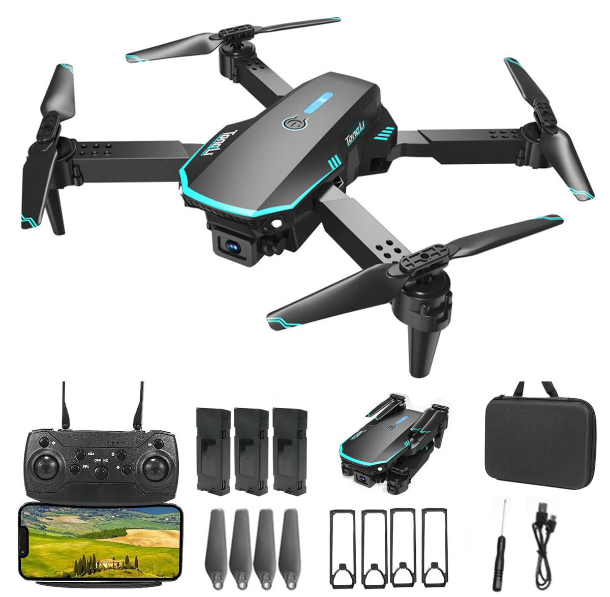 Dron con Cámara Dual, 360° Adjustable Eléctricamente Mini Drone para Principiantes, Drones con Cámara RC FPV WIFI 4k Cuadricóptero, Vuelo por Puntos de Referencia, Auto-Seguimiento, Giro 3D, Inicio con una Tecla, 3 Velocidades, 3 Baterías y Bolsa Portátil