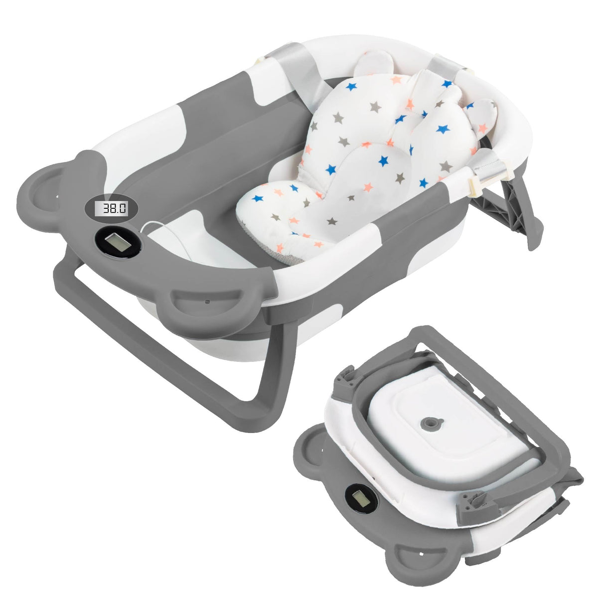 Bebbly Bañera para Bebé: Moderna Tina de Baño Plegable para Bebé, con Sensor de Temperatura y Cojín Antideslizante, Segura para Bebé Recién Nacido a 12 meses. ¡Garantiza Tranquilidad y Practicidad para tu Bebé! (Gris)