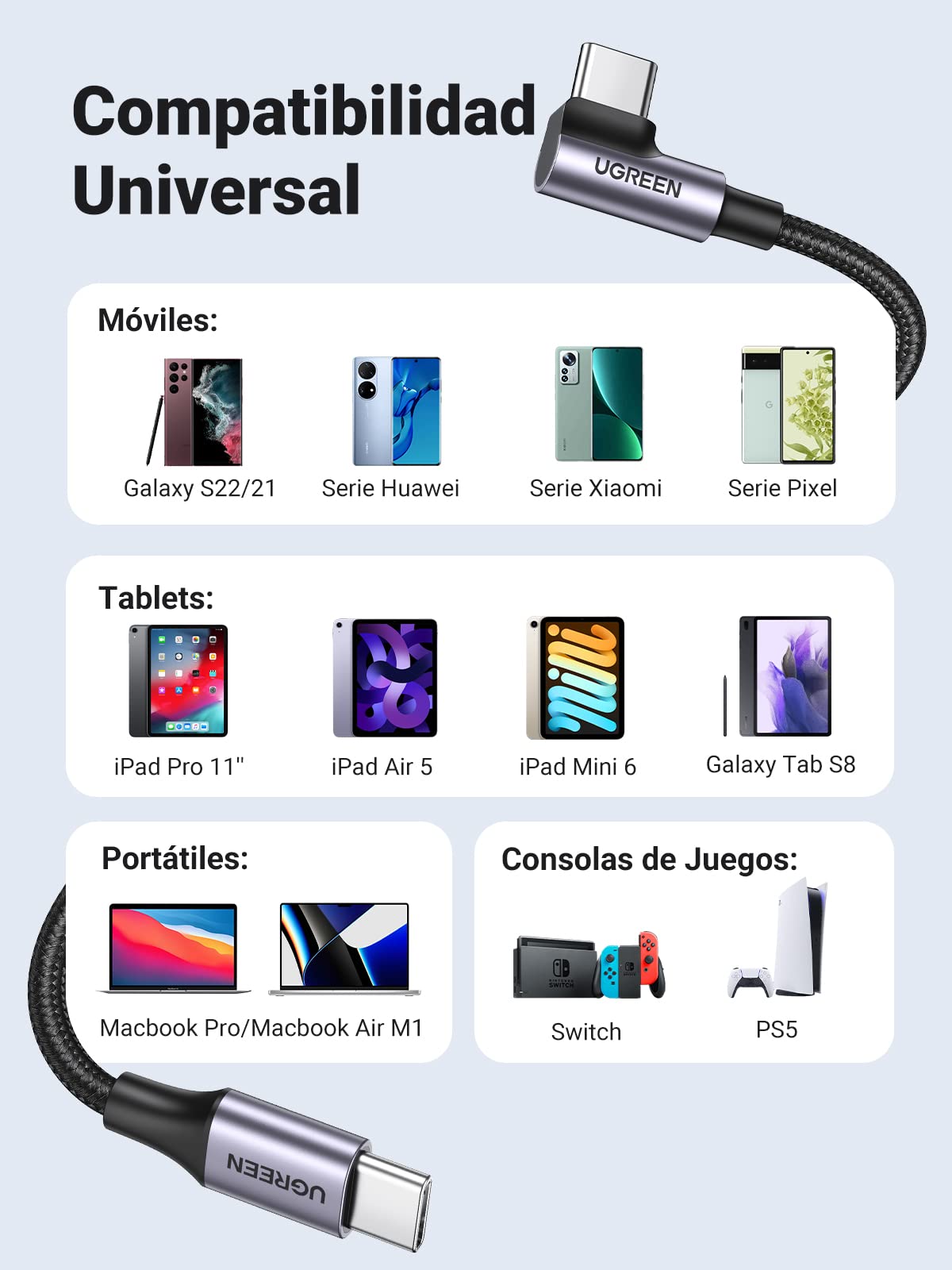 UGREEN Cable USB C a C 90 Grados, 1M 60W PD Carga Rápida 20V 3A Compatible con iPhone 16 15, Galaxy S25 S24 S23, Cargador USB Tipo C Nylon Trenzado, Macbook Pro, iPad Pro 2024, Air 7 6 5