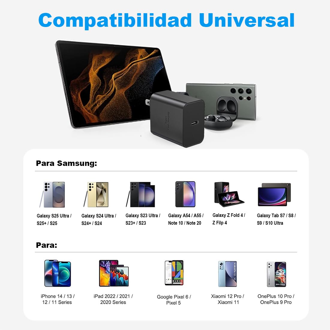 45W Rápido Cargador Tipo C, Cargador USB C Carga Rapida con Cable de 1M, para Samsung Galaxy S25 Ultra/S24 Ultra/S24+/S23 Ultra/S23+/S22 Ultra/S21 FE/Note 10 +/Galaxy Tab S7+/S8+/S8 Ultra/S9+/S9 Ultra