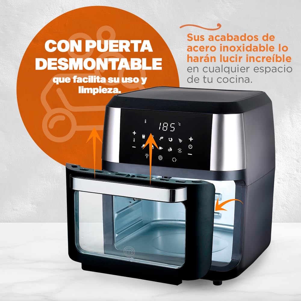 Hukën x MasterChef | Horno Freidora de Aire |10 Funciones para Freír, Hornear, Asar, Rostizar, Deshidratar | Capacidad de 12 Litros | Accesorios Incluidos | Puerta Desmontable | Acero Inoxidable