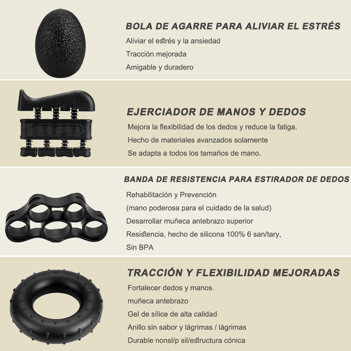 DQST Fortalecedor de Agarre, 5 en 1 Ejercitador de Mano, Ejercitador de Antebrazo, con Contador, para El Tratamiento, Recuperación y Entrenamiento de Fuerza de Las Articulaciones de Los Dedos. (5 Piezas)