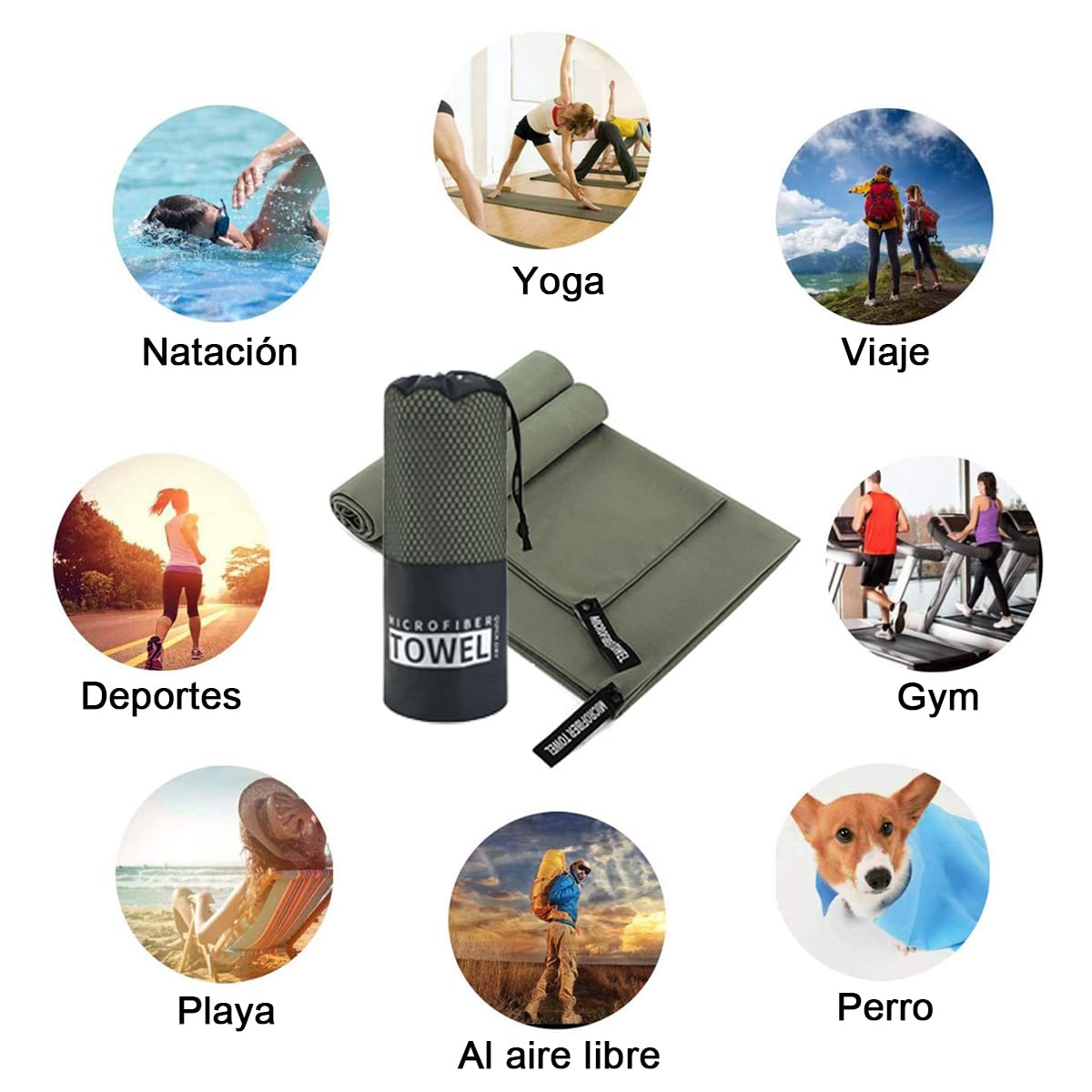 Toalla Deportiva, EASYTAO Toalla Microfibra 3PCS, Toalla Gym Suave y Ligero para Natacion, Deporte, Baño, Viajes, Yoga, Etc, con Una Bolsa, 3 Tallas (76 * 152cm+40 * 80cm+30 * 30cm, Verde Militar)