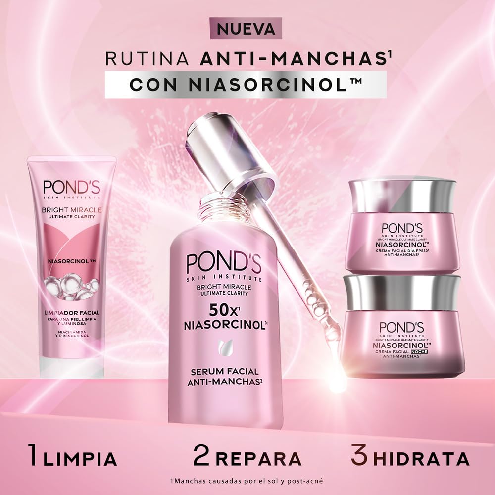 POND'S Crema Facial Antimanchas* Día Bright Miracle Ultimate Clarity con Niasorcinol y FPS 30**, uso de día para una piel luminosa y tono uniforme 50 g
