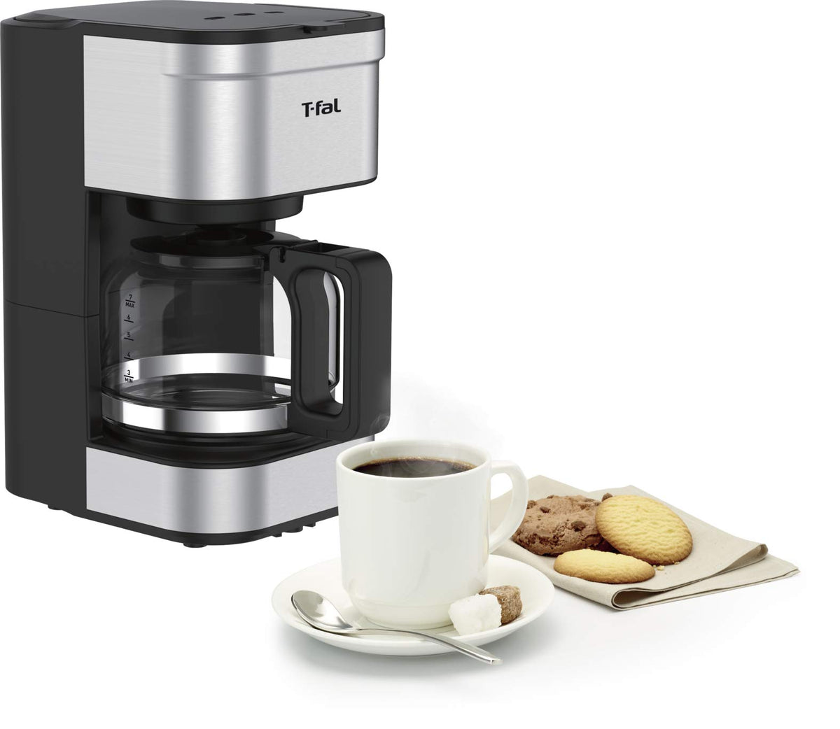 T-fal Cafetera Elegance de Filtro Permanente Lavable, capacidad para 7 tazas de café con jarra de vidrio y sistema antigoteo CM223DMX