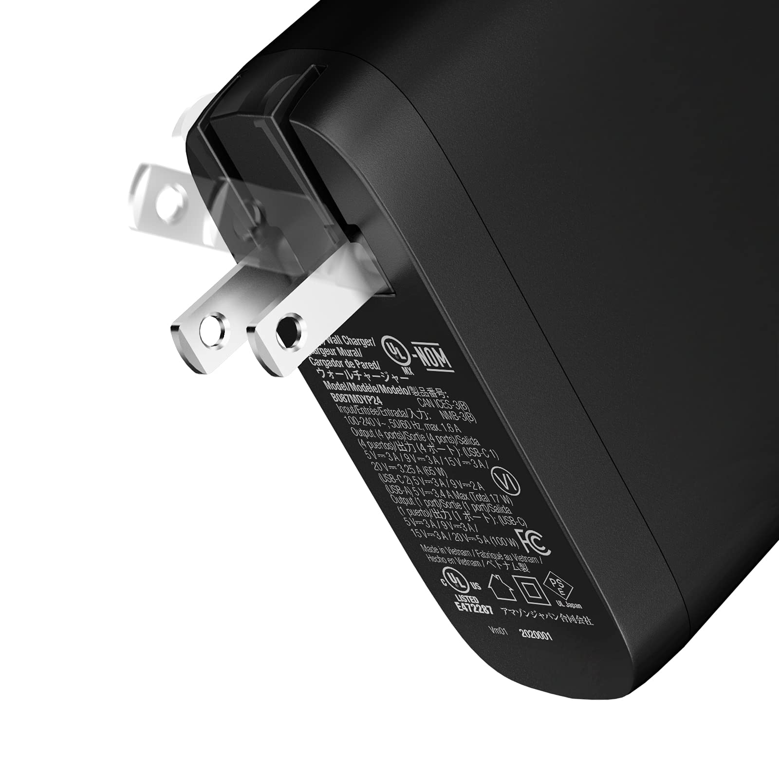 "Amazon Basics 100W Four-Port GaN Wall Charger with 2 USB-C (100W, 18W) & 2 USB-A Ports (12W), PD 3.0, Foldable Plug, Portable Multi-Device Charging for Laptops, Tablets & Phones, Non-PPS,Black"