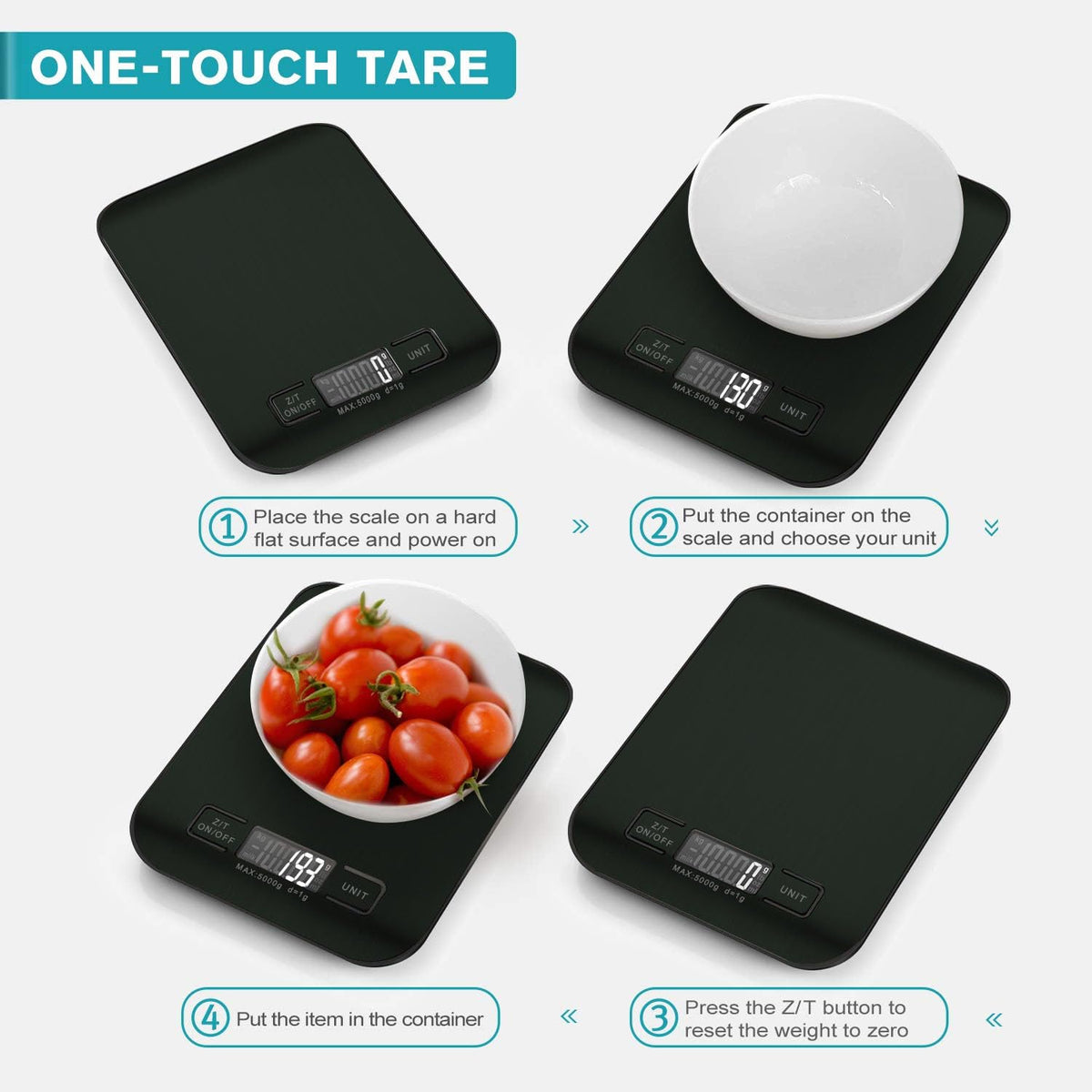 VEKENSEE Bascula de Cocina Digital de Acero Inoxidable, Multifuncional Balanza Cocina de Alta Precision Peso Cocina con Pantalla LCD y Funcion Tara Balanza de Alimentos 2 pilas Incluidas (5kg/g)