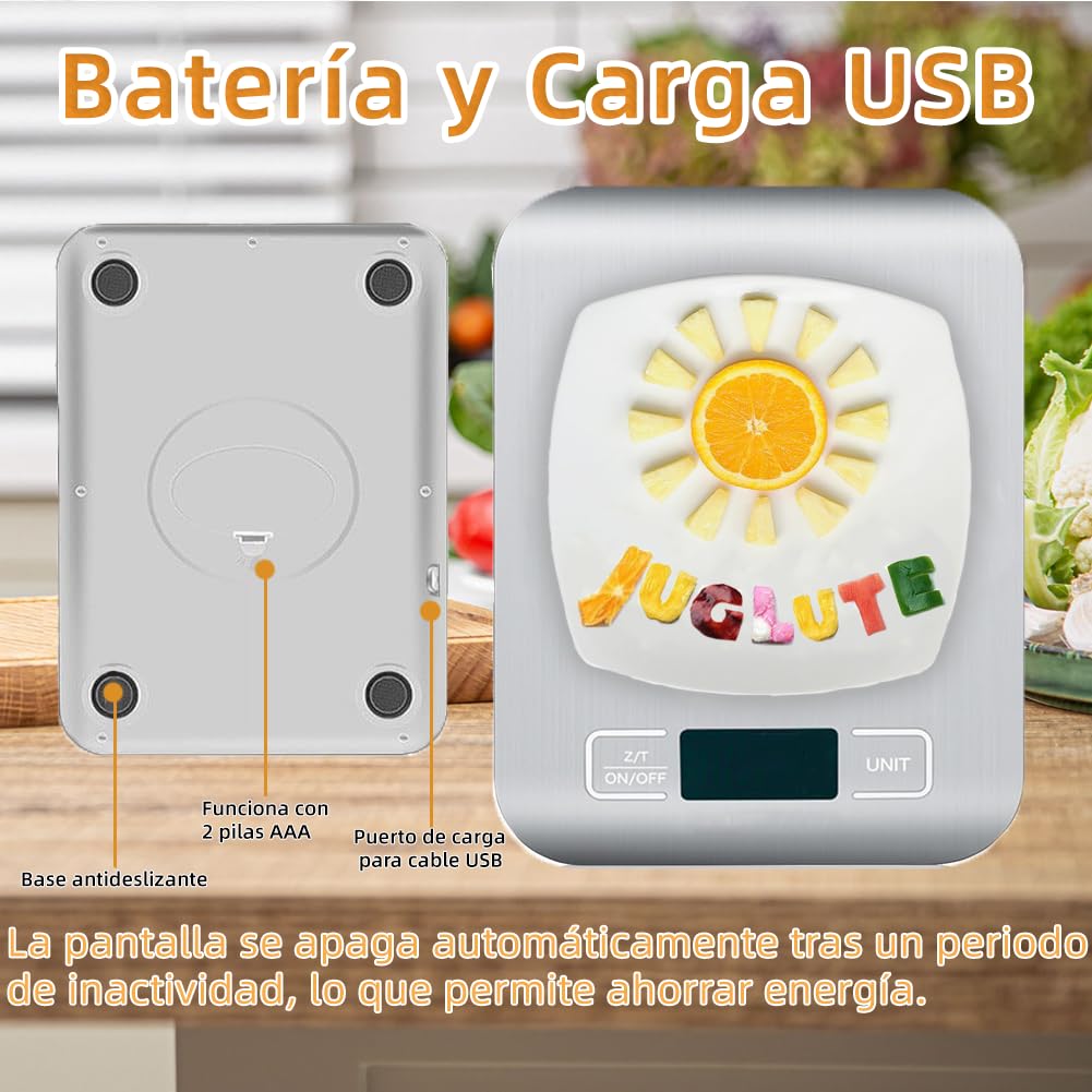 JUGLUTE Báscula Digital de Cocina USB Recargable, Báscula de Cocina de Acero Inoxidable de 10kg/22lb con Pantalla LCD, Función de Tara, Balanza de Alimentos Multifuncional para Cocina