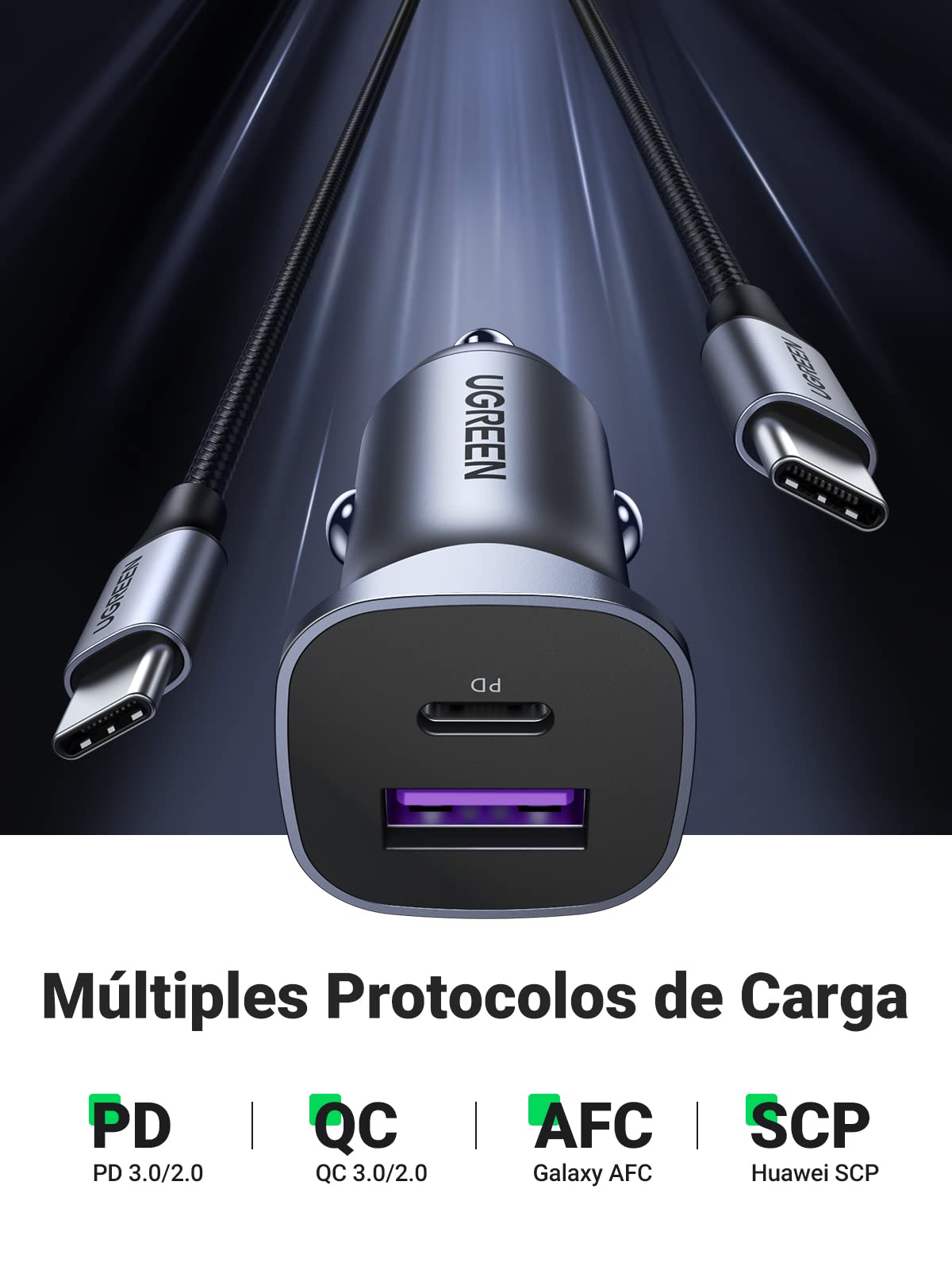 UGREEN 30W USB C Cargador Auto Carga Rápida, 2 Puertos Adaptador de Coche Tipo C y QC 3.0 de Aluminio Quick Charger Compatible con iPhone 16/15/14/13/12 Pro MAX, iPad Pro/Air, Galaxy S25/S24/S23/S22