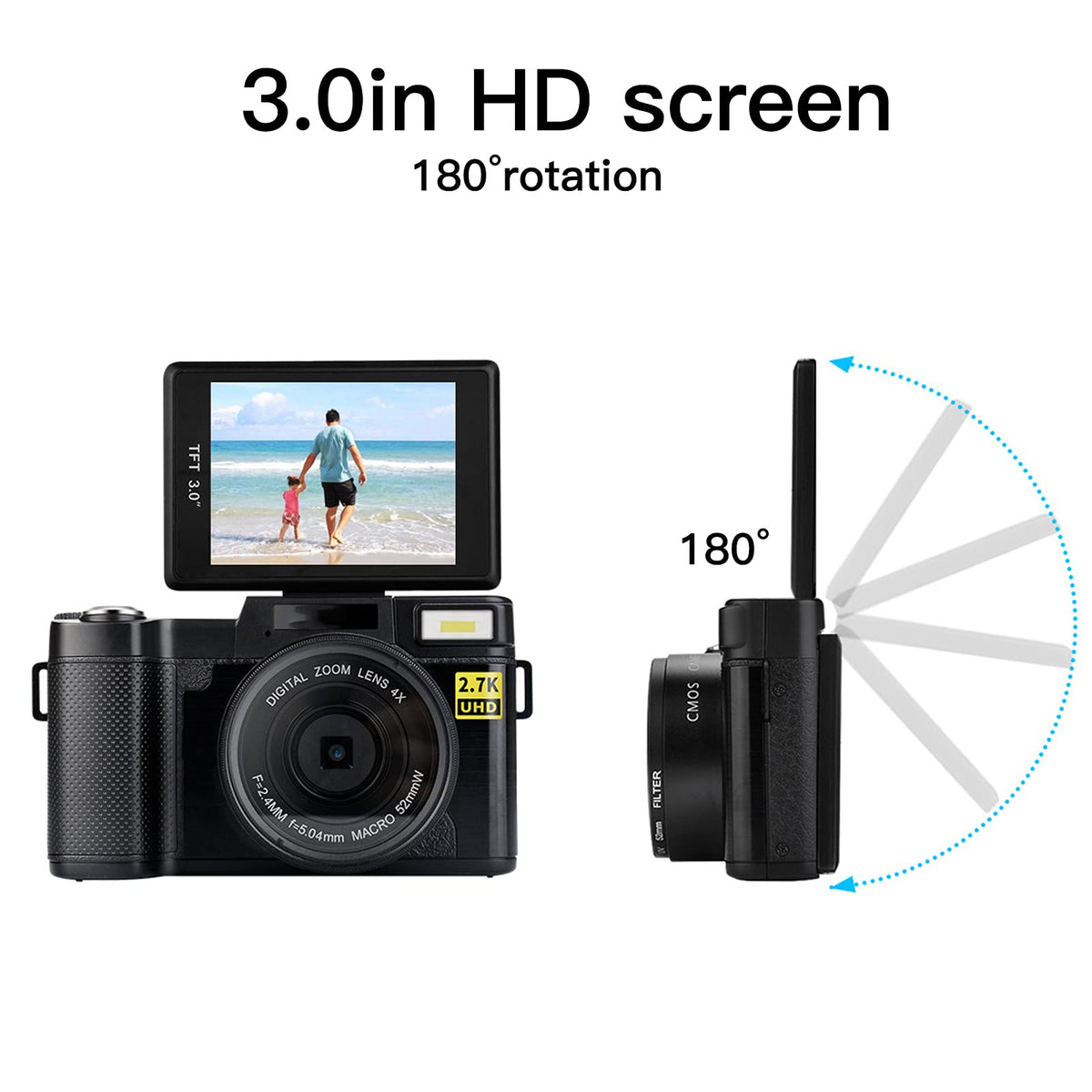 S erounder Cámara Digital SLR, Cámara Vlogging Full HD 2.7K, con Una Pantalla LCD Giratoria de 180 Grados y Giratoria de 3.0 Pulgadas, Cámara HD con Zoom de 48MP, Puerto USB, Batería de 800mAh