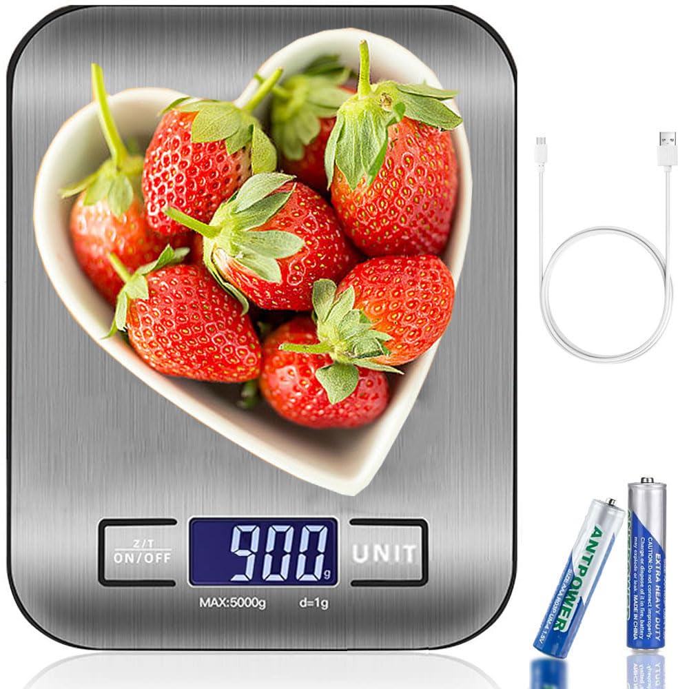 Báscula Cocina Digital USB Recargable, Báscula de Acero Inoxidable con Pantalla LCD para 10kg/22 lbs, Balanza de Alimentos Multifuncional para Cocina (Incluye 2 Baterías AAA) (USB-10KG- Plateado)