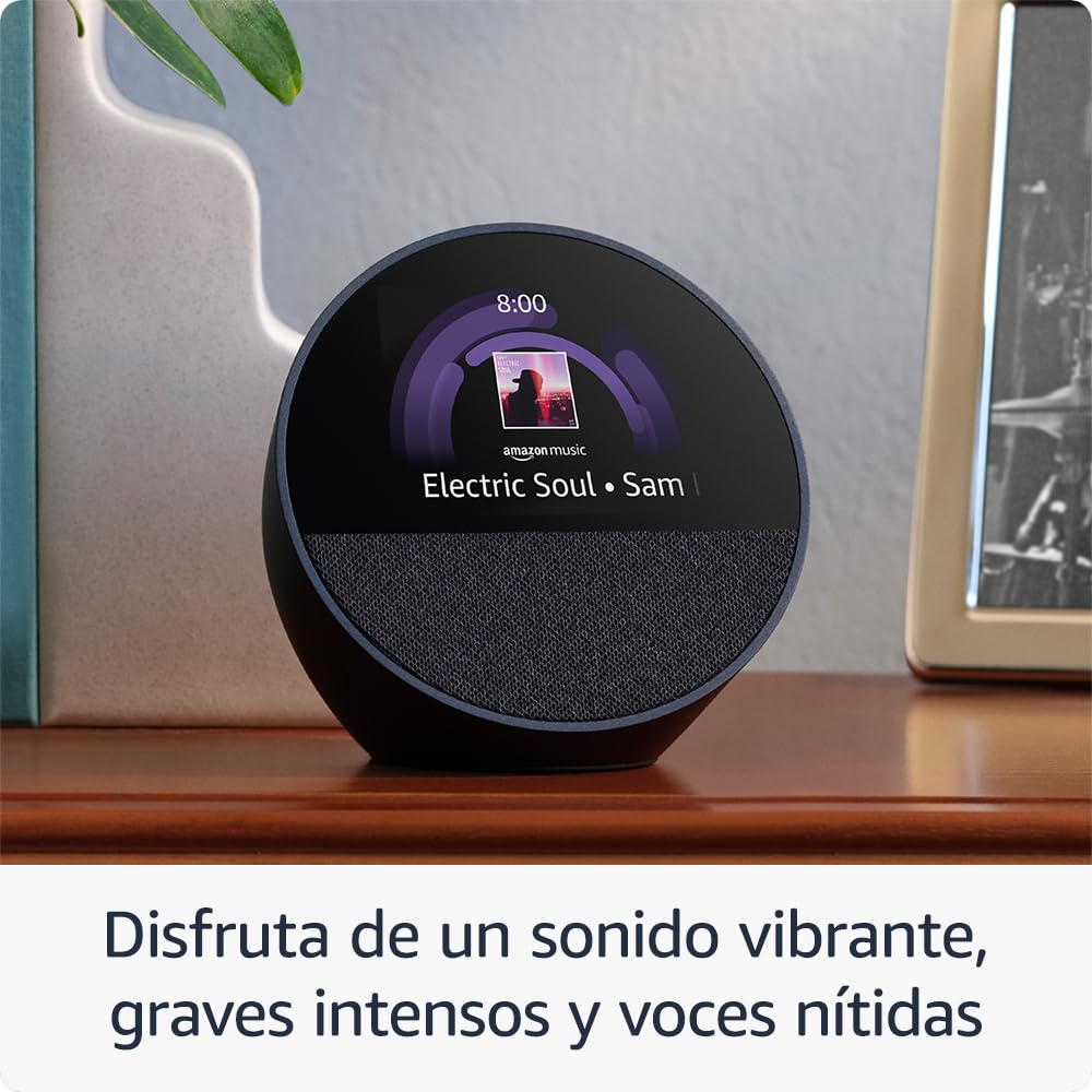 Amazon Echo Spot (modelo más reciente): ideal para mesitas de noche, oficinas y cocinas, incluye despertador inteligente con Alexa (negro), con el Acceso Anticipado de Alexa+