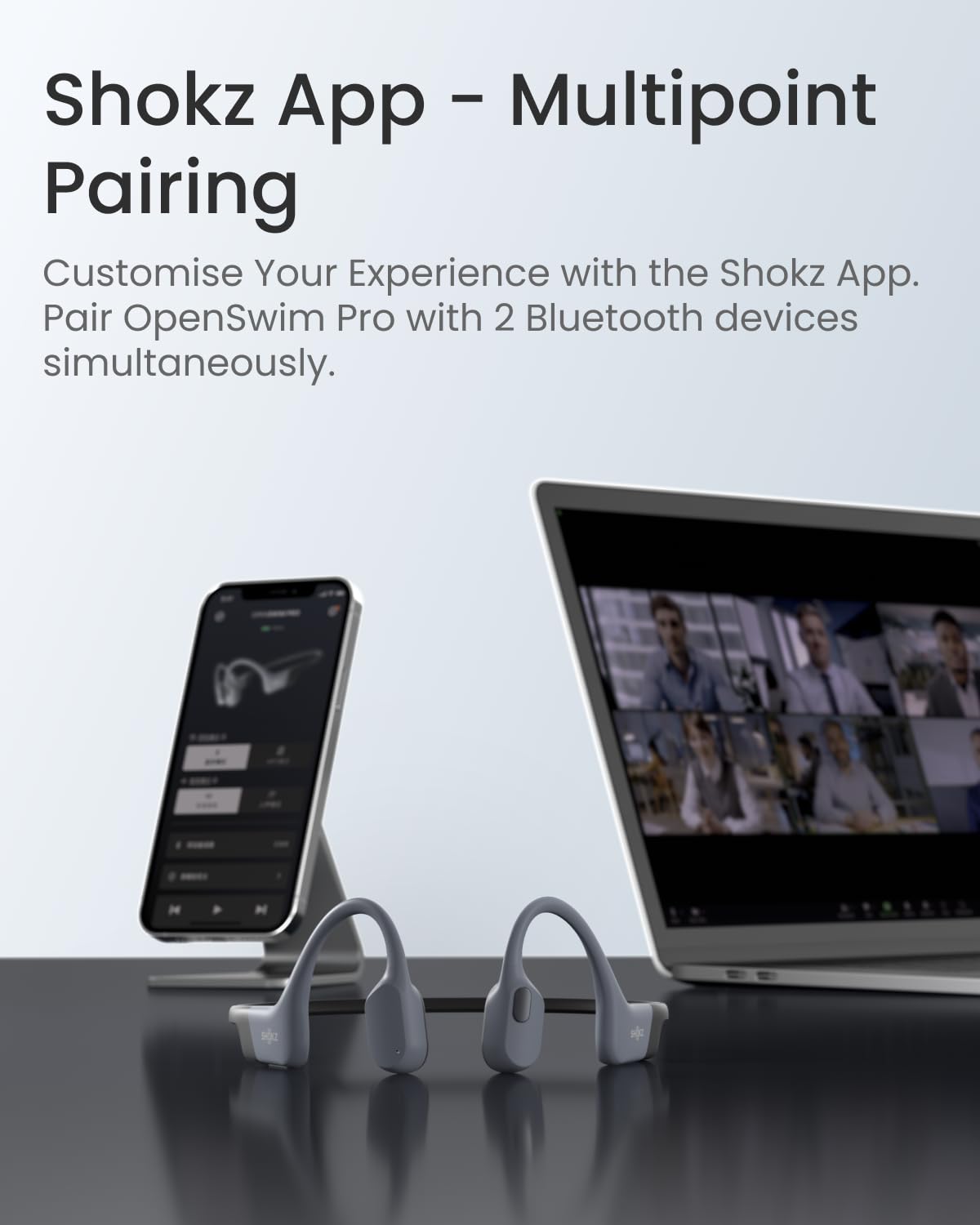 SHOKZ OpenSwim Pro Deportivos Auriculares de conducción ósea, inalámbricos Open-Ear Impermeables IP68 Bluetooth 5.4, 32 GB MP3, micros con cancelación de Ruido, 9H de repr. para Correr, Nadar, Gris