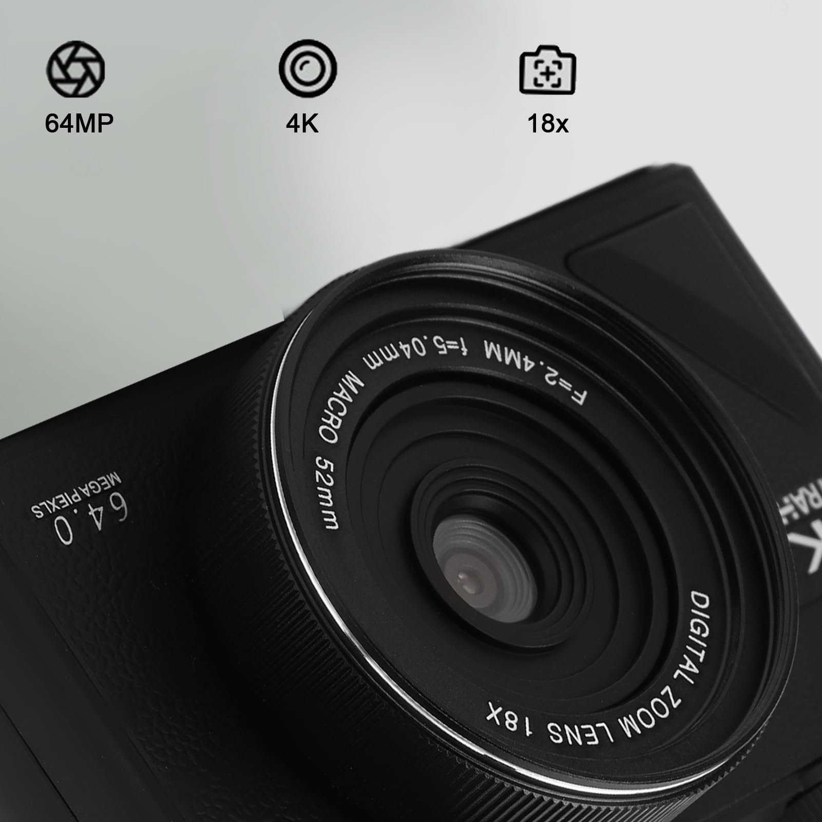 Cámara Digital de 64 MP, Pantalla de 3 Pulgadas, Vídeo 4K, Zoom 18X, Detección de Rostros, Estabilización, Lapso de Tiempo, Cámara Lenta, Recargable, Transmisión en Vivo para